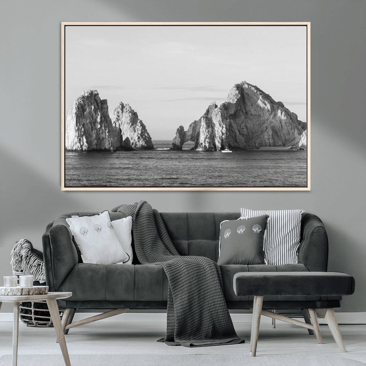 18810731-MGV-CV-36X24-Rugged Coastline Wall Art Canvas Print, Framed Ocean Cliffs Art Picture Print, Monochrome Seascape Perfect Coastal Minimalist