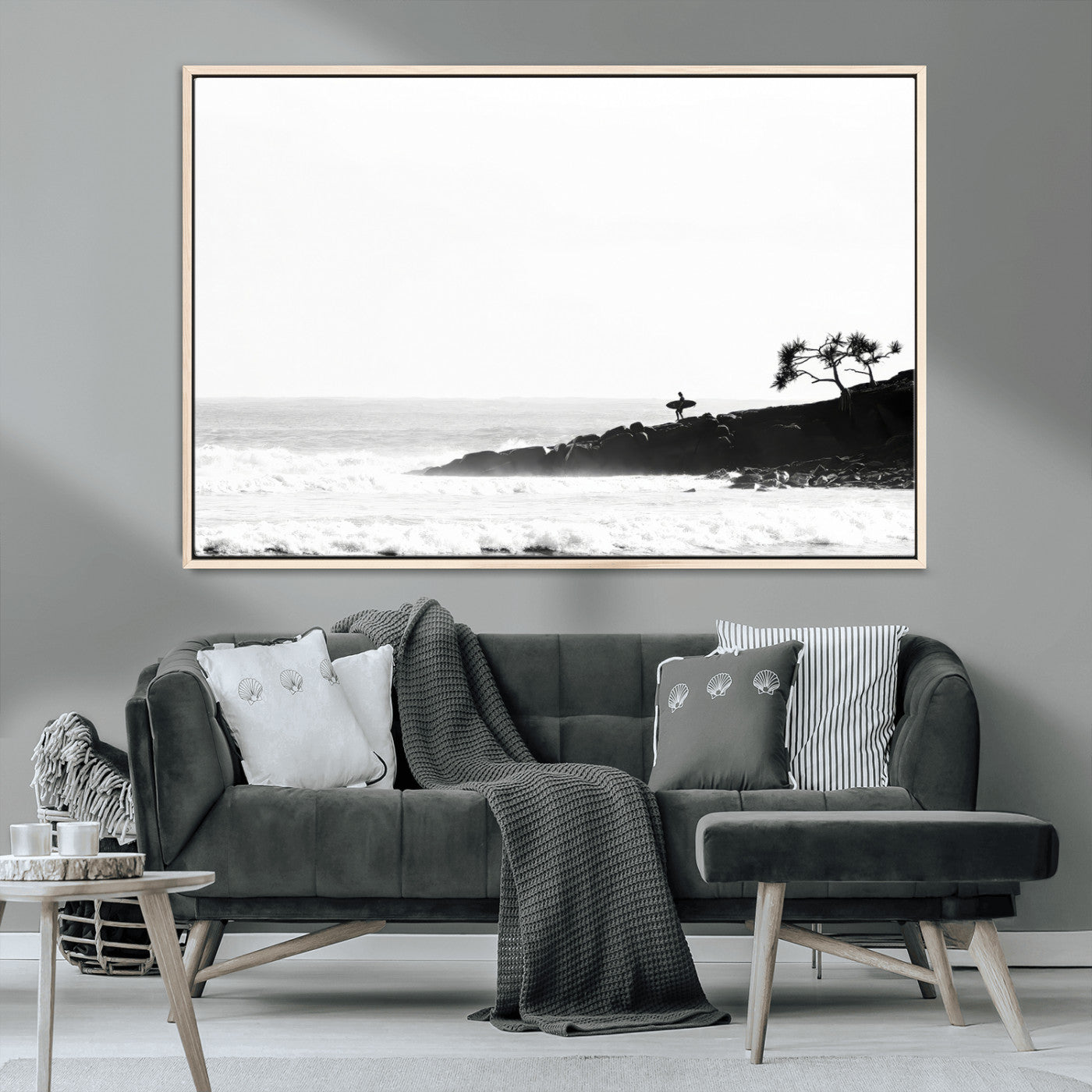 40875891-MGV-FC-36X24_Natural-SurferCliffs Wall Art Canvas Print, Framed Black White Beach Art Picture Print, Ocean Waves Perfect Minimalist Coastal Decor