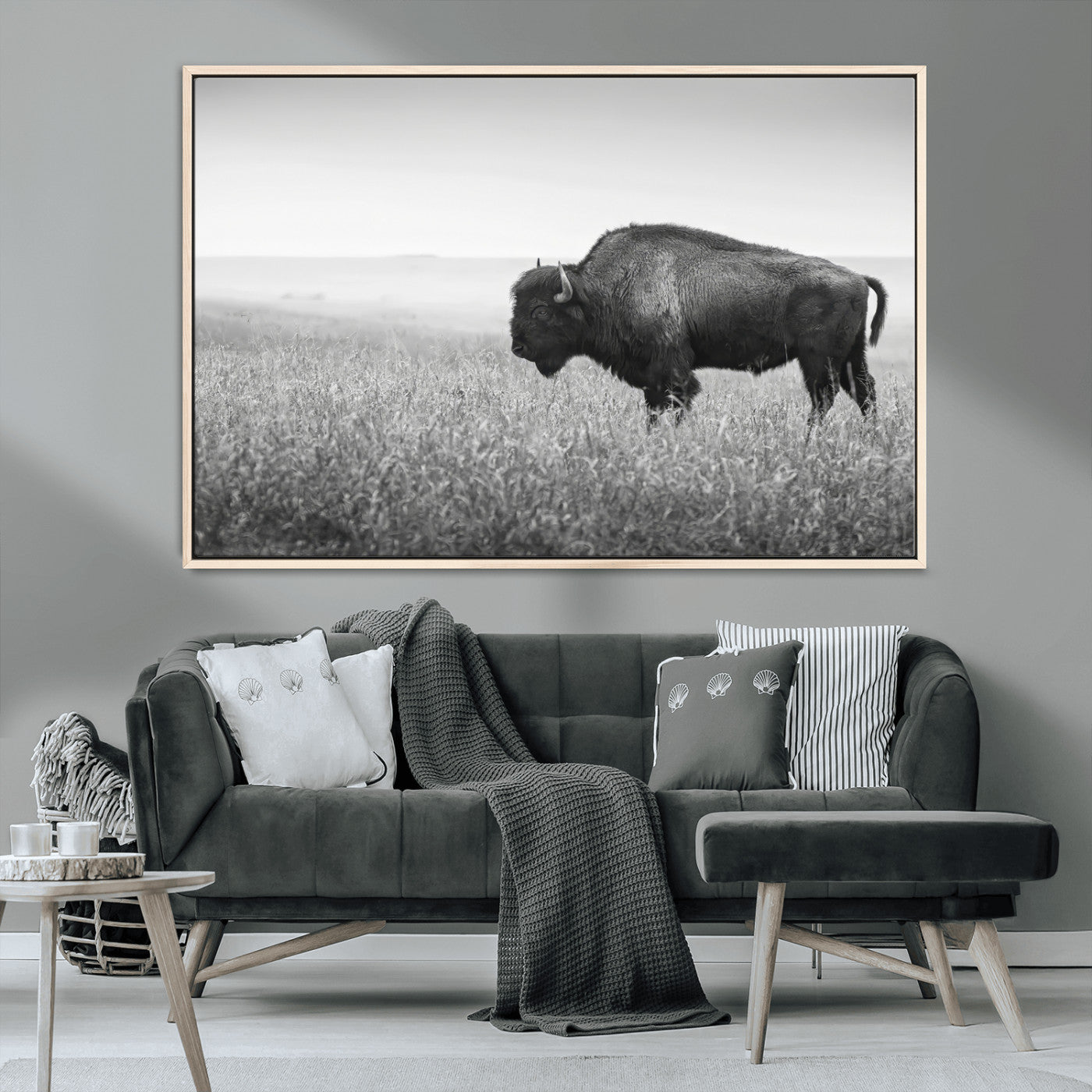 28435251-MGV-CV-36X24-Bison In Prairie Wall Art Canvas Print, Framed Rustic Wildlife Art Picture Print, Wild Buffalo Perfect Rustic Western Decor