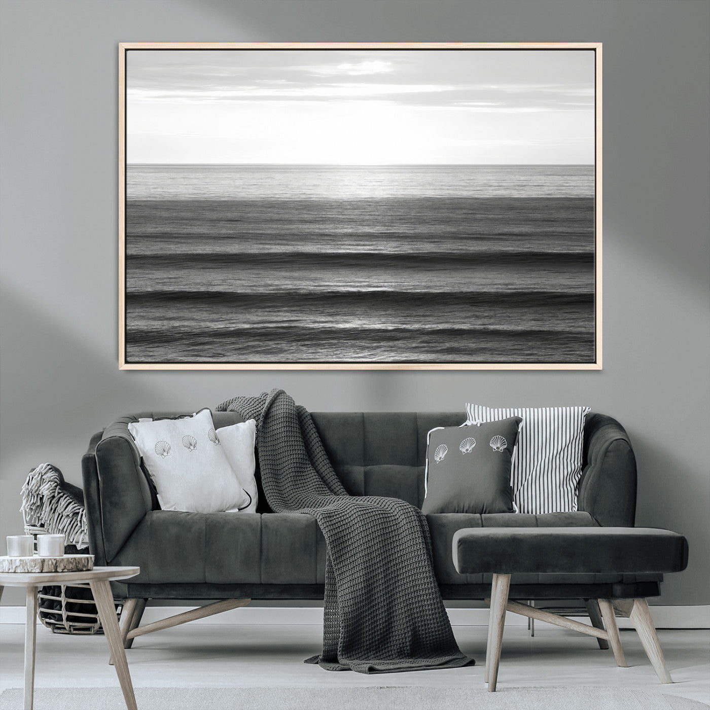 47305203-MGV-CV-36X24-Monochrome Ocean Wall Art Canvas Print, Framed Moody Ocean Art Picture Print, Calm Ocean Perfect Minimalist Coastal Decor Artwork