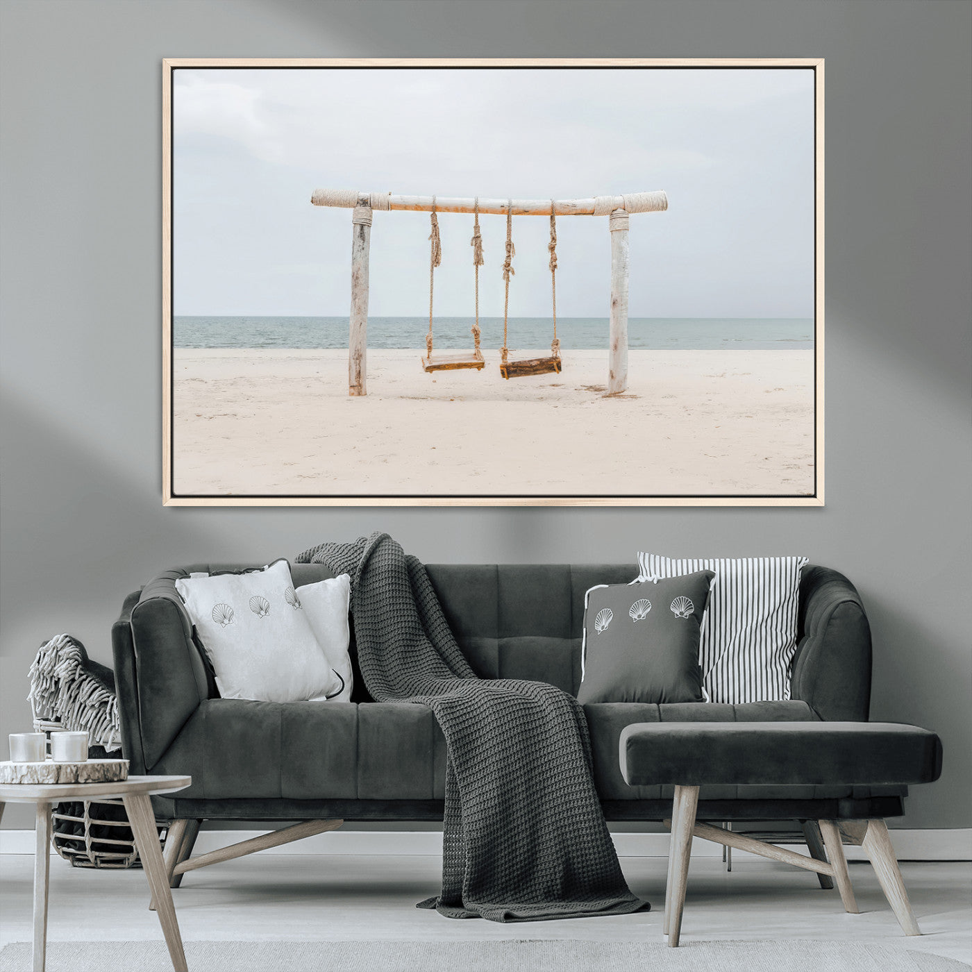 68327283-MGV-CV-36X24-Beach Swing Wall Art Canvas Print, Framed Quiet Beach Art Picture Print, Calm Shoreline Perfect Bohemian Coastal Decor Artwork