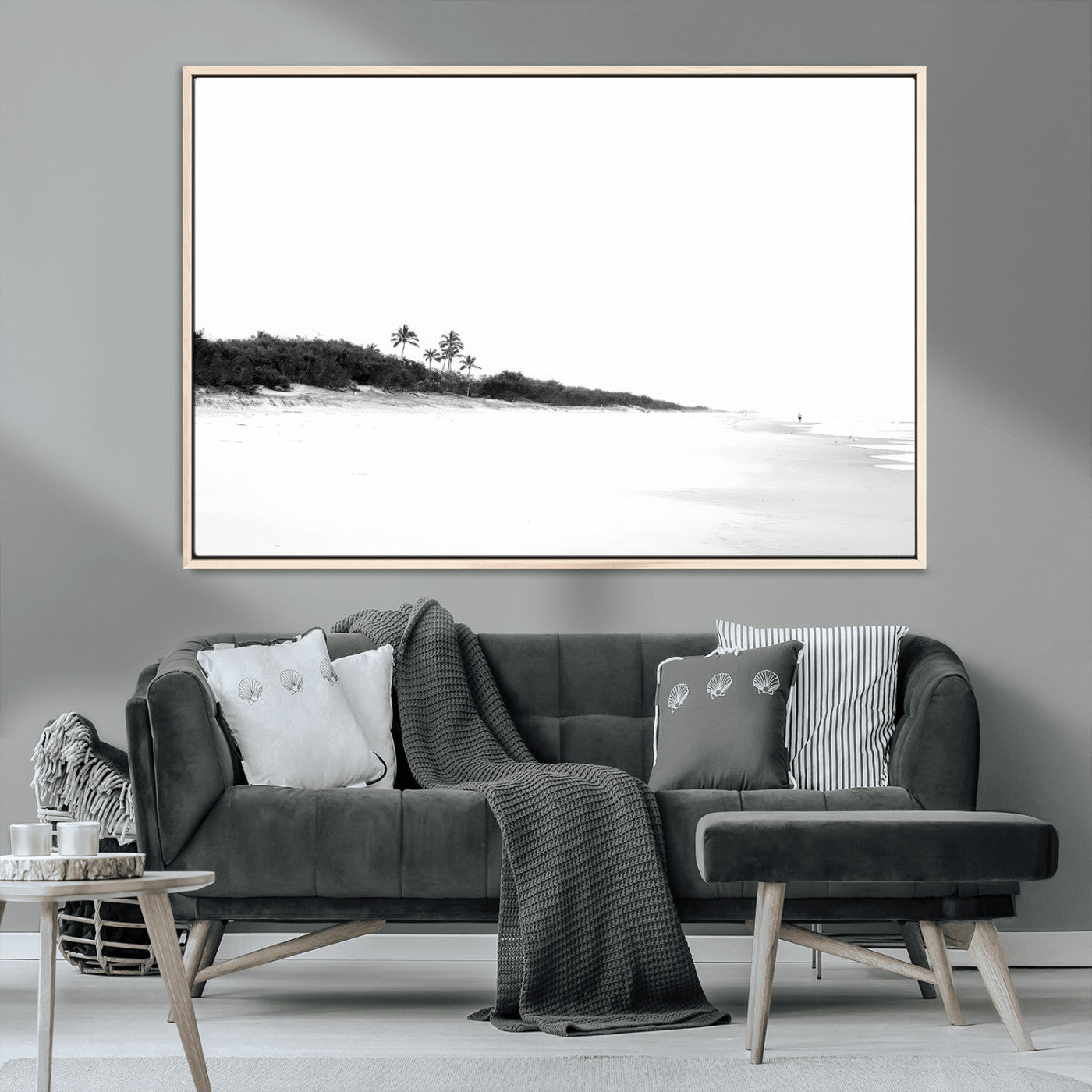 29611516-MGV-CV-36X24-Black White Beach Wall Art Canvas Print, Framed Palm Trees Art Picture Print, Monochrome Tropical Perfect Minimalist Coastal Decor