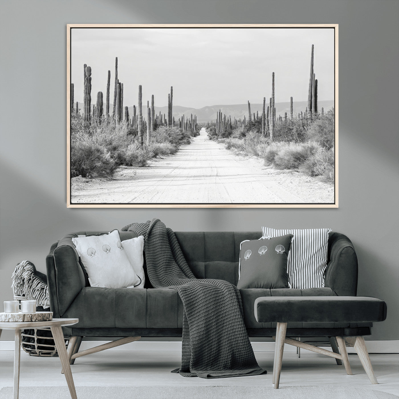 35537313-MGV-CV-36X24-Monochrome Desert Wall Art Canvas Print, Framed Cactus Path Art Picture Print, Southwestern Landscape Perfect Southwestern