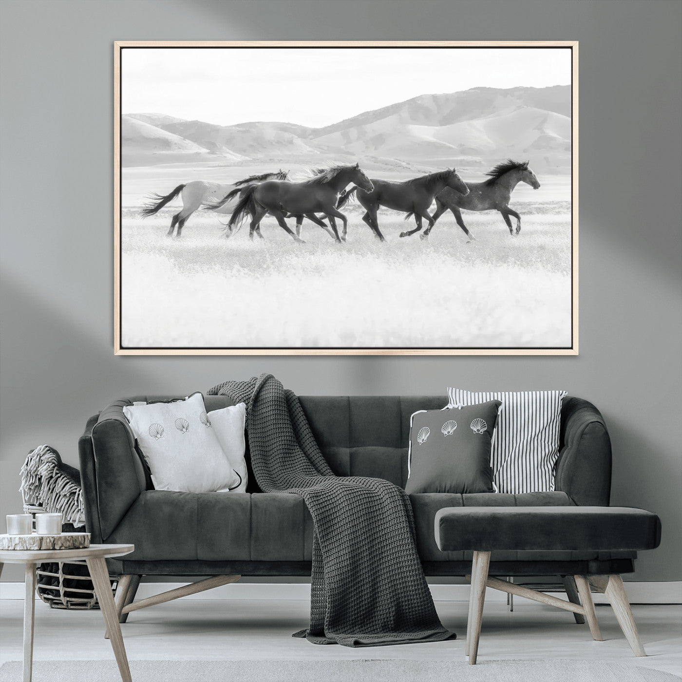 69934913-MGV-CV-36X24-Wild Horses Running Wall Art Canvas Print, Framed Black White Mustangs Art Picture Print, Rustic Western Perfect Rustic Western