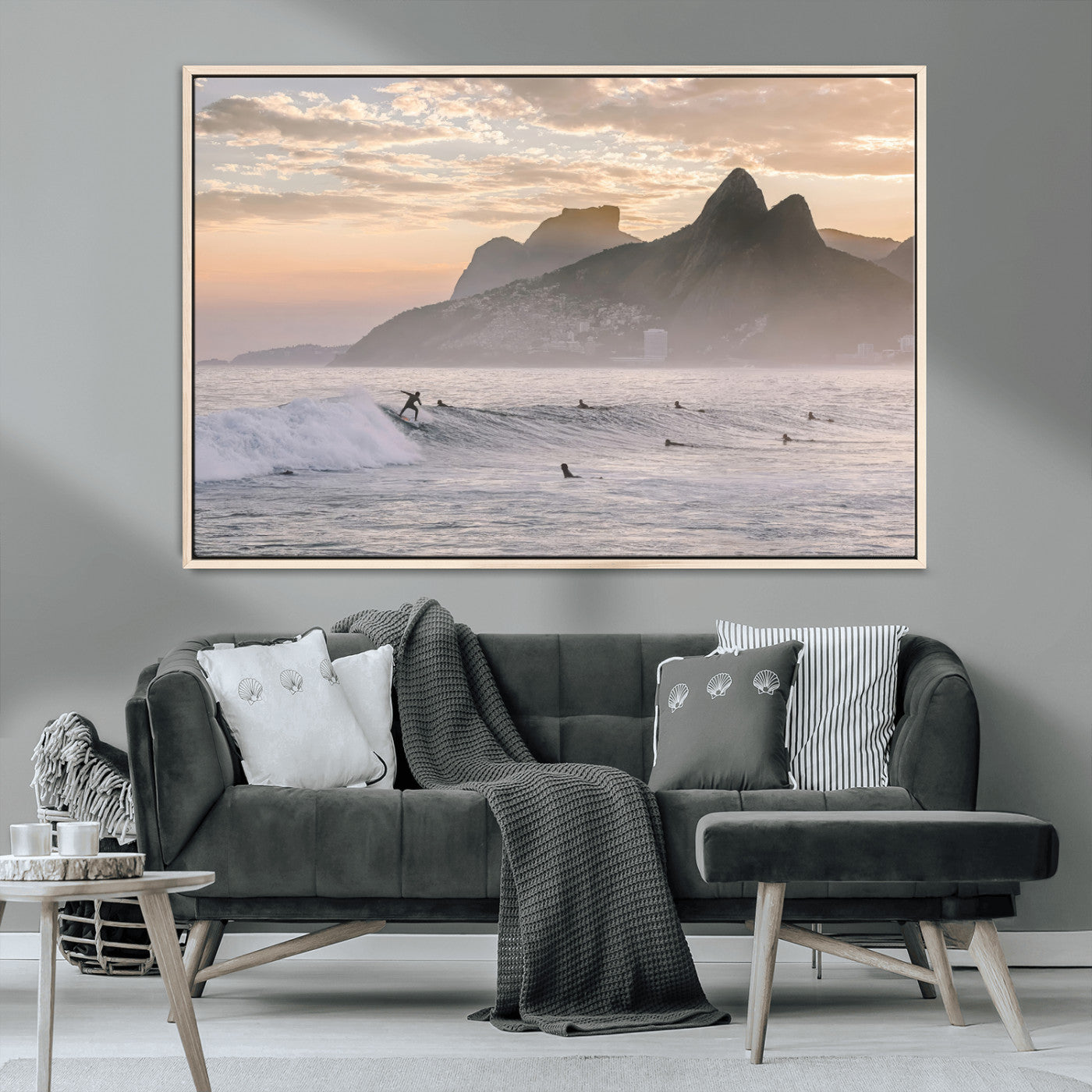 70644906-MGV-CV-36X24-Sunset Surfing Wall Art Canvas Print, Framed Misty Mountains Art Picture Print, Surfer Riding Wave Perfect Coastal Adventure Decor
