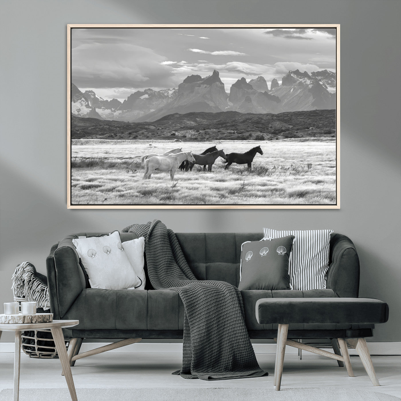 21655040-MGV-CV-36X24-Wild Horses Wall Art Canvas Print, Framed Black White Mountains Art Picture Print, Rustic Countryside Perfect Rustic Western Decor