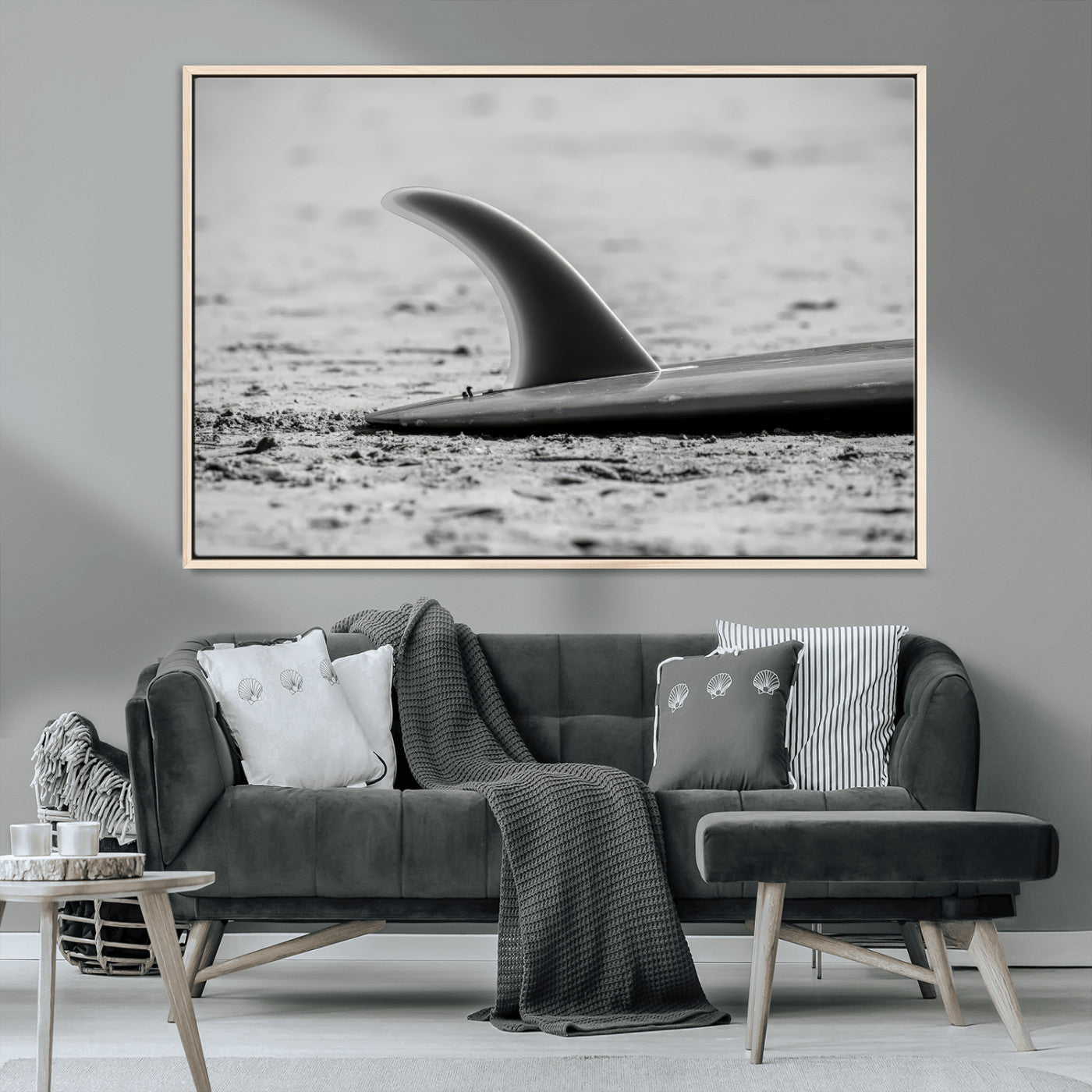 62314230-MGV-FC-36X24_Natural-Black White Surfboard Wall Art Canvas Print, Framed Minimalist Beach Art Picture Print, Surf Fin Perfect Minimalist Coastal Decor