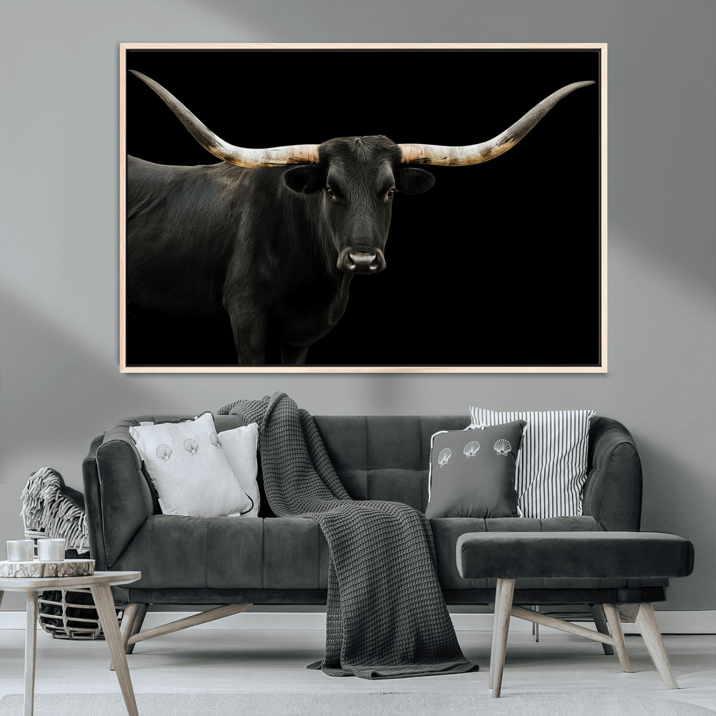 99448328-MGV-CV-36X24-Longhorn Cattle Wall Art Canvas Print, Framed Texas Ranch Art Picture Print, Western Cow Perfect Farmhouse Decor Artwork