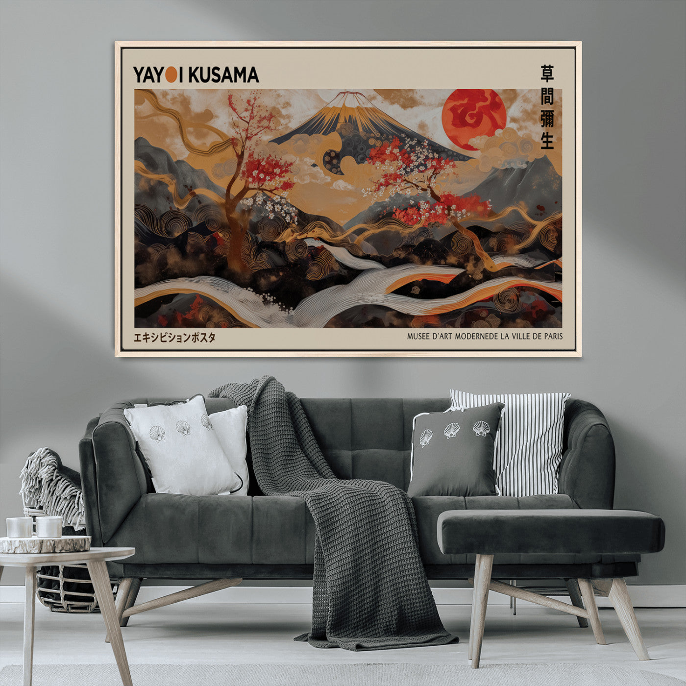 77970791-MGV-CV-36X24-Mount Fuji Golden Abstract Wall Art – Japanese Landscape Canvas Poster, Cherry Blossom & Red Sun Painting, Elegant Zen Oriental