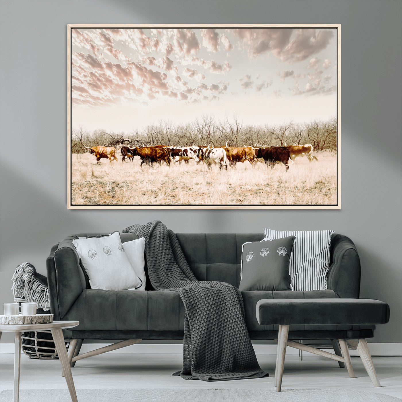 57389417-MGV-CV-36X24-Cow Herd Photography Wall Art Canvas Print, Framed Rustic Farmhouse Decor Art Picture Print, Western Ranch Style Perfect Rustic