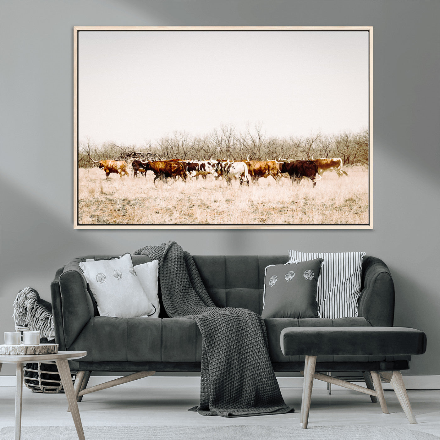 12454132-MGV-FC-36X24_Natural-Cow Herd Photography Wall Art Canvas Print, Framed Rustic Farmhouse Decor Art Picture Print, Western Ranch Style Perfect Rustic