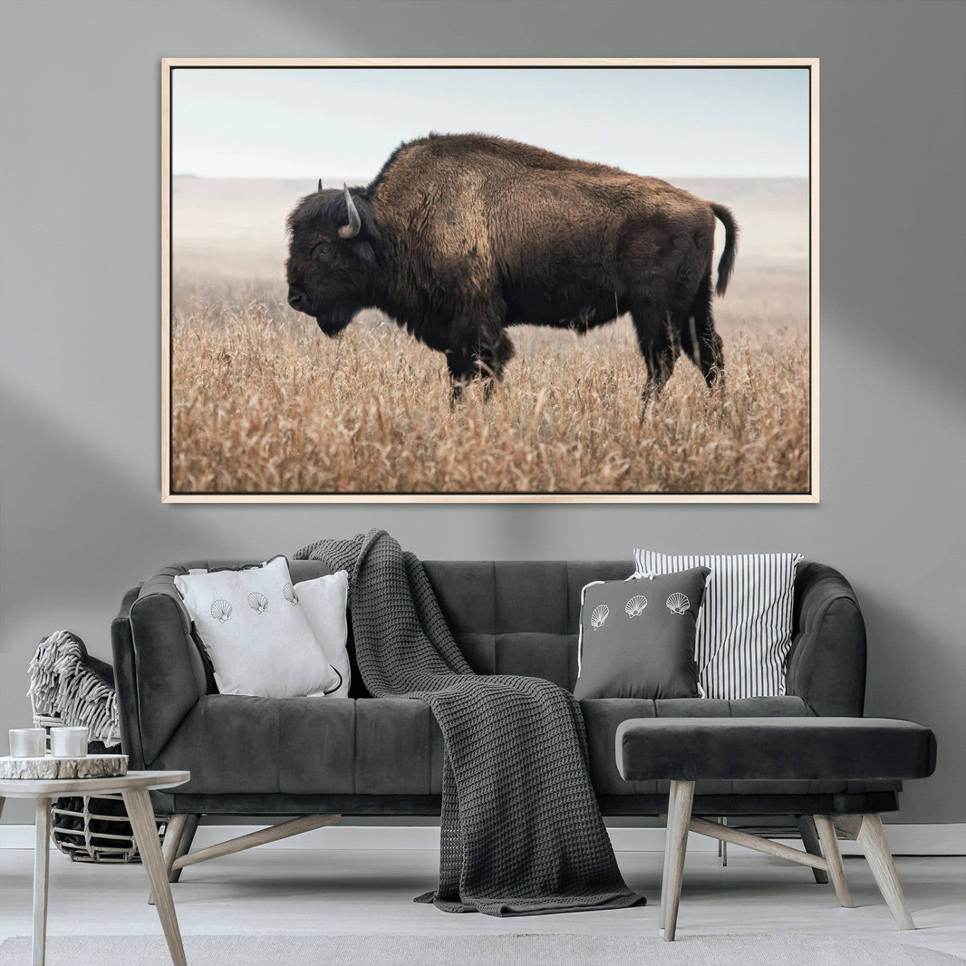34451925-MGV-CV-36X24-Rustic Bison Decor Wall Art Canvas Print, Framed Buffalo Home Accent Art Picture Print, Prairie Wildlife Scene Perfect Western