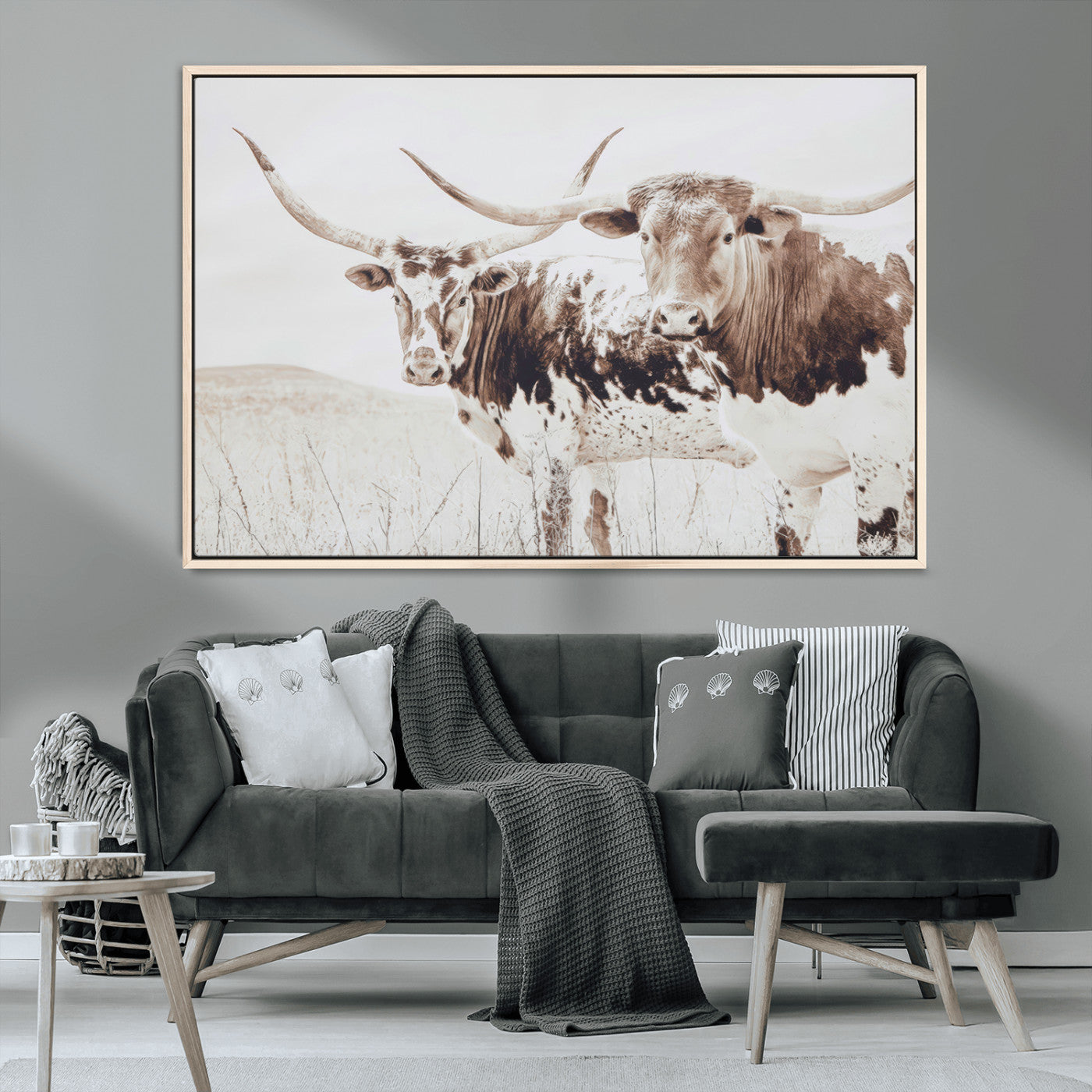 48161868-MGV-CV-36X24-Longhorn Cow Decor Wall Art Canvas Print, Framed Rustic Cattle Art Picture Print, Sepia Western Vibe Perfect Neutral Rustic