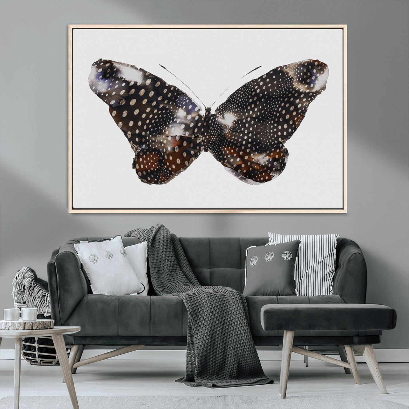 99831147-MGV-CV-36X24-Spotted Butterfly Wall Art Canvas Print, Framed Neutral Insect Theme Art Picture Print, Earthy Wing Pattern Perfect Modern Rustic