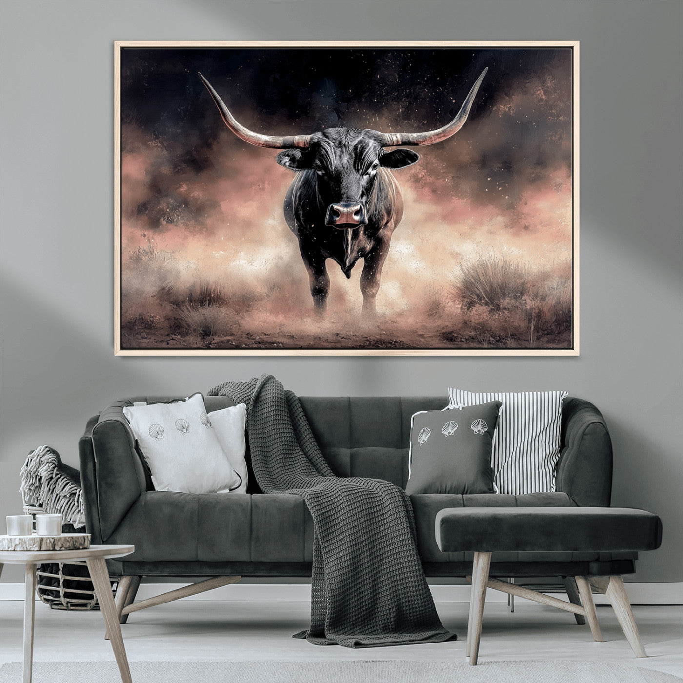 71457818-MGV-CV-36X24-Longhorn Wall Art Wall Art Canvas Print, Framed Western Bull Canvas Art Picture Print, Rustic Cow Decor Perfect Western Dramatic