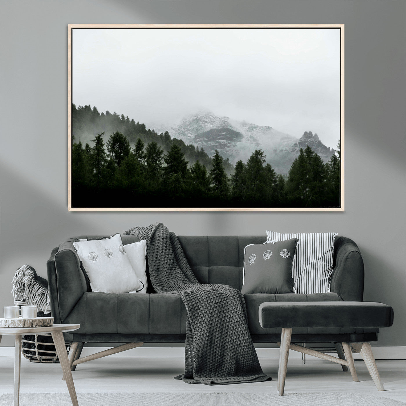 55968349-MGV-CV-36X24-Misty Mountains Wall Art Canvas Print, Framed Foggy Forest Art Picture Print, Snowy Peaks Perfect Moody Wilderness Decor Artwork