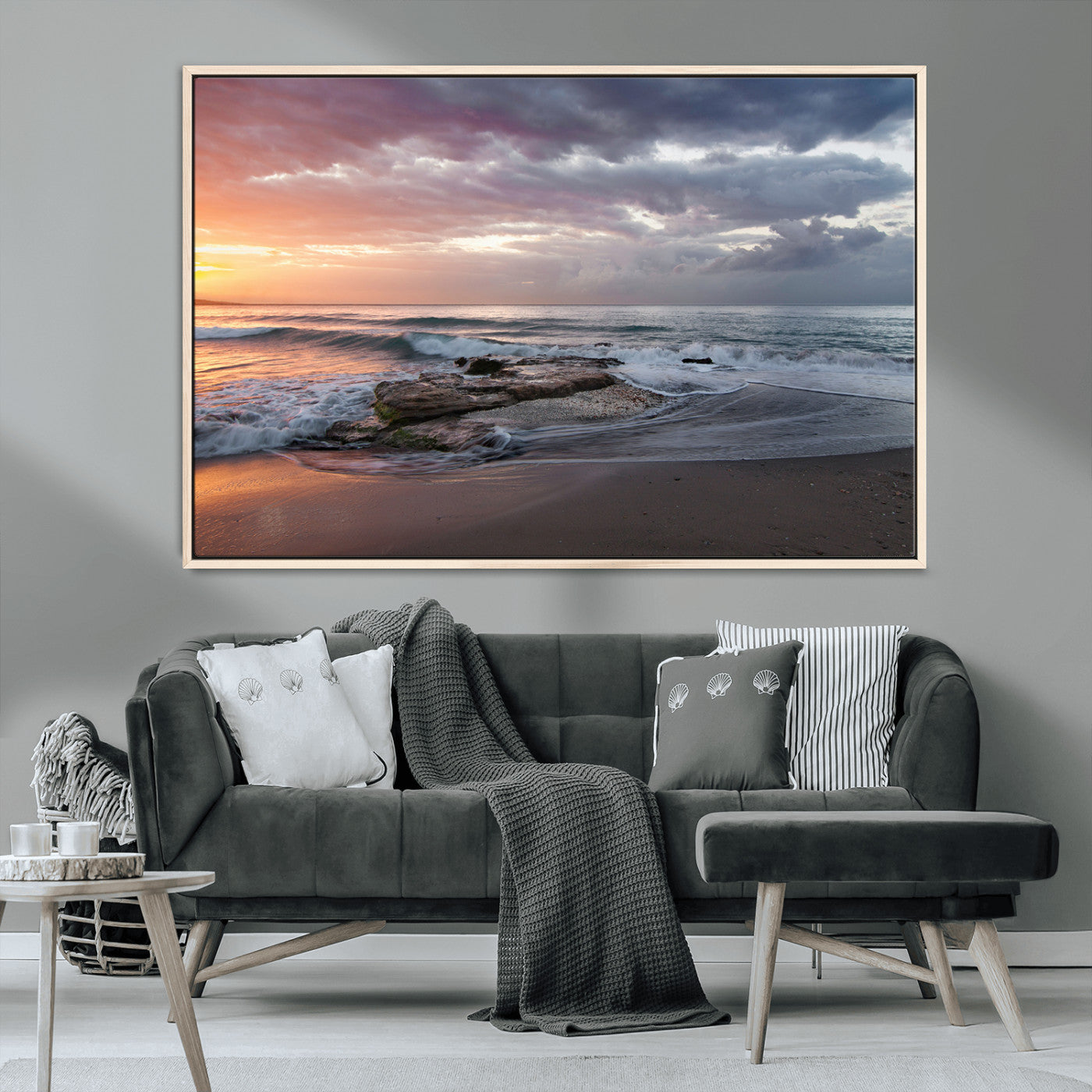 94208089-MGV-CV-36X24-Golden Hour Wall Art Canvas Print, Framed Tranquil Waves Art Picture Print, Beach Horizon Perfect Coastal Serenity Decor Artwork