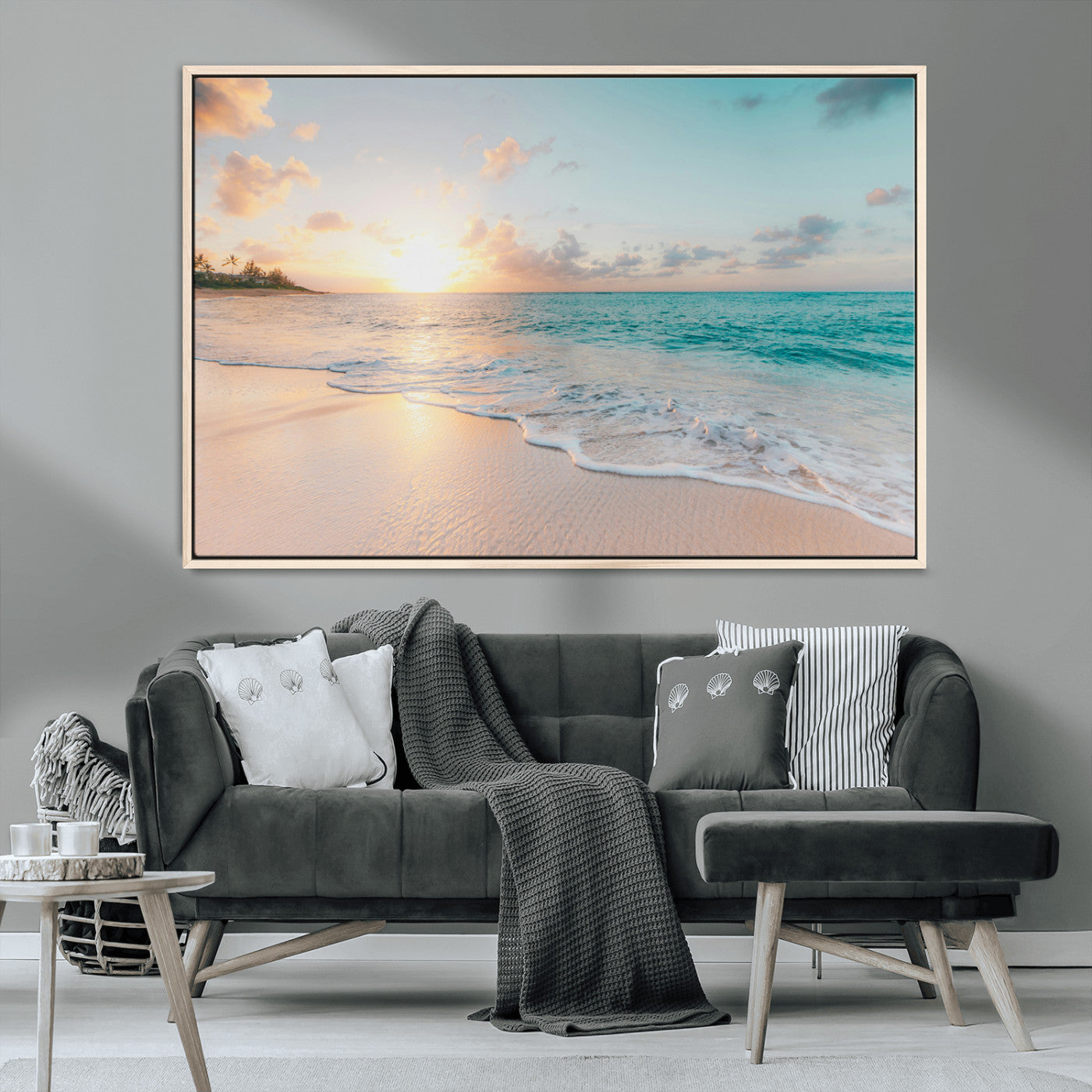 94538225-MGV-CV-36X24-Beach Sunset Wall Art Canvas Print, Framed Ocean Waves Art Picture Print, Summer Escape Perfect Coastal Serenity Decor Artwork