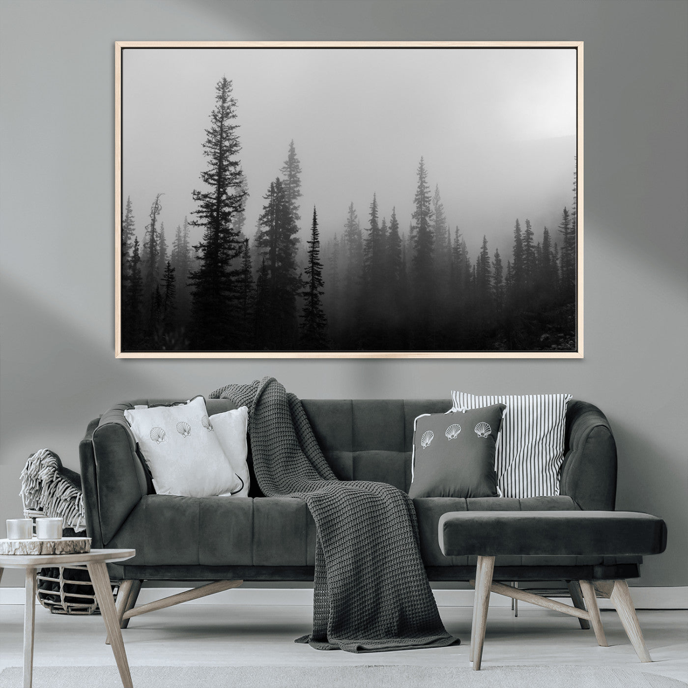 73138900-MGV-CV-36X24-Misty Pines Wall Art Canvas Print, Framed Woodland Photography Art Picture Print, Minimalist Decor Perfect Modern Rustic Decor