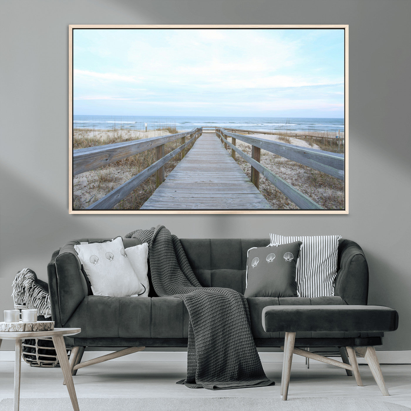 31602988-MGV-FC-36X24_Natural-Beach Boardwalk Wall Art Canvas Print, Framed Coastal Serenity Art Picture Print, Ocean View Perfect Coastal Minimalist Decor