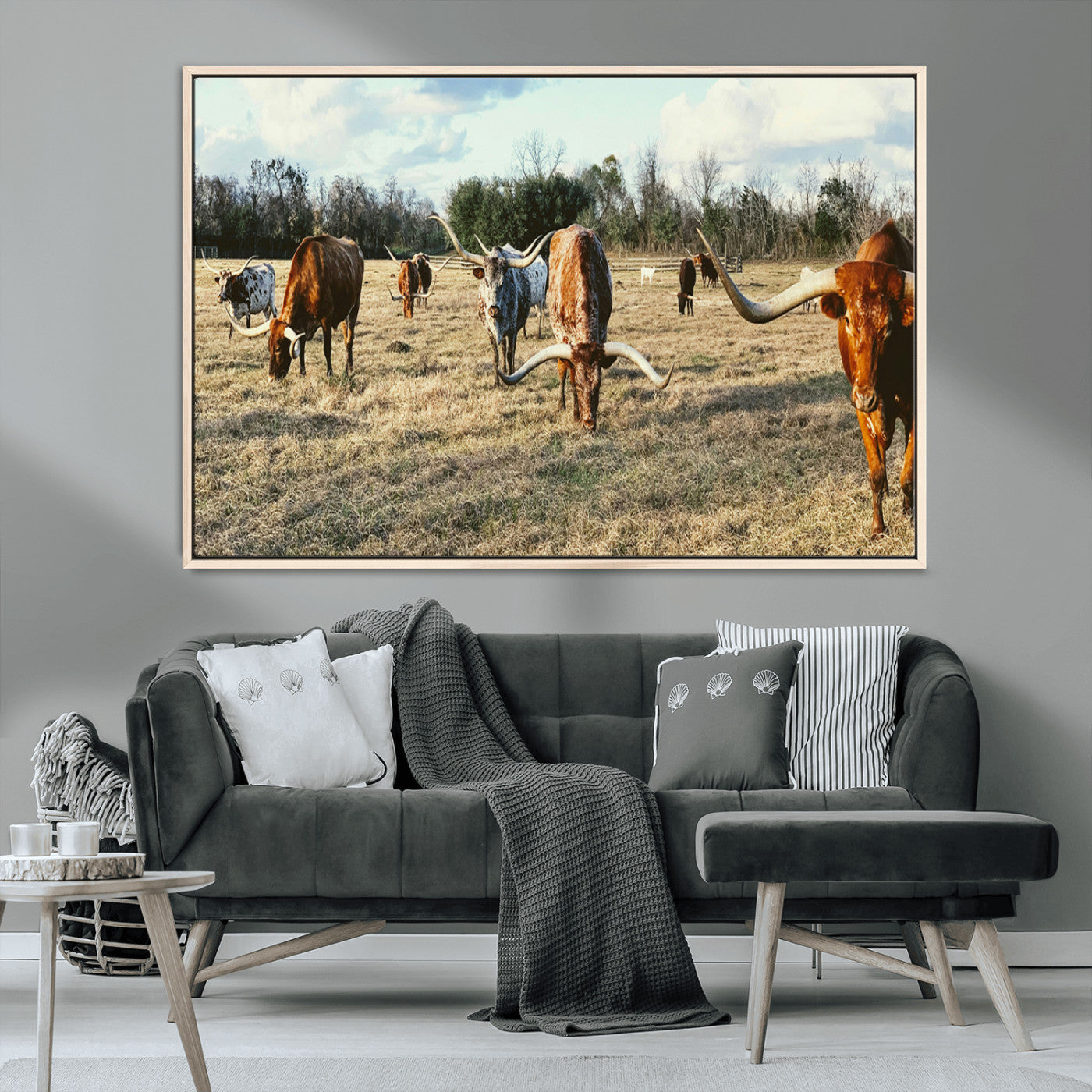39144651-MGV-CV-36X24-Texas Longhorns Wall Art Canvas Print, Framed Rustic Farm Scene Art Picture Print, Western Cattle Perfect Rustic Farmhouse Decor