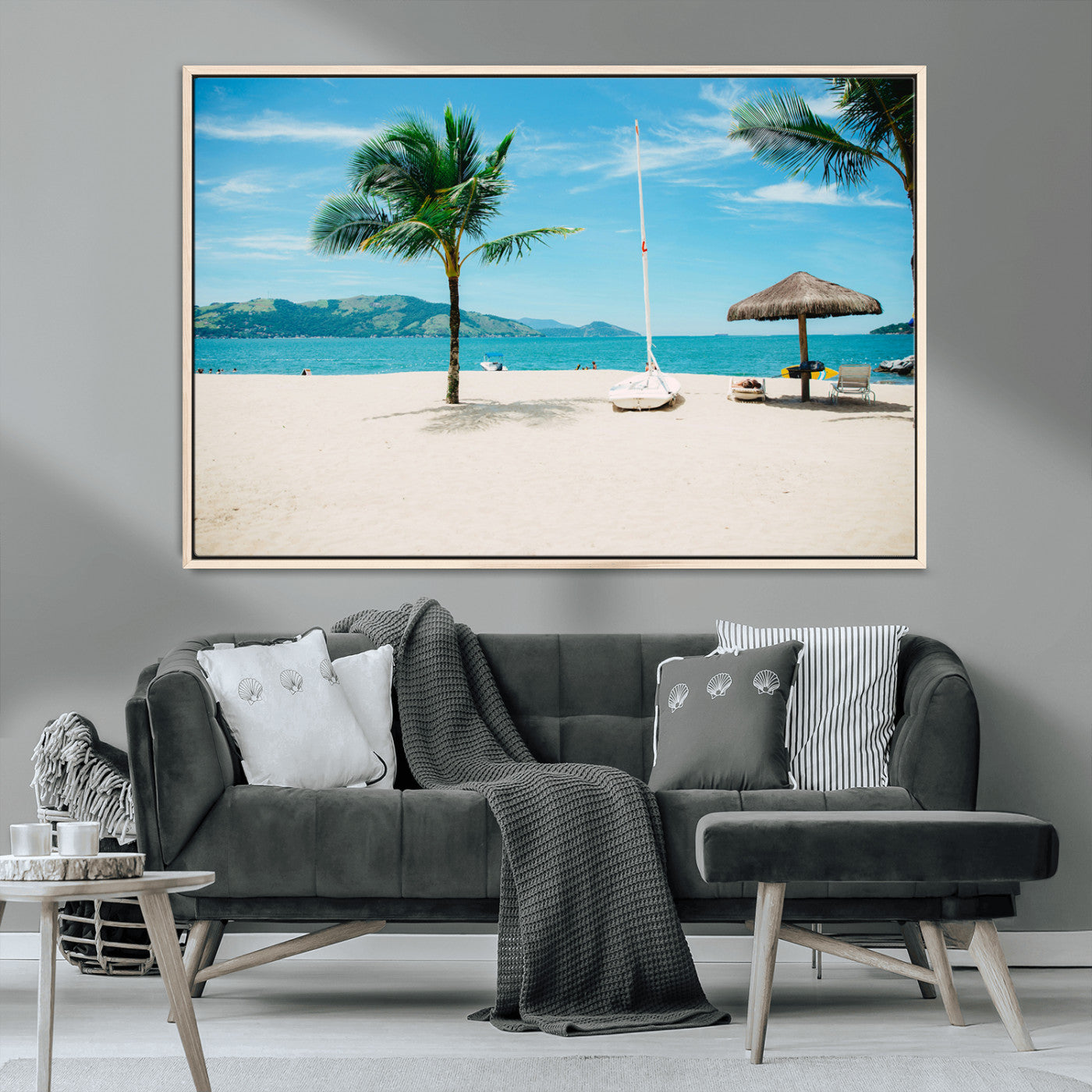 42623350-MGV-CV-36X24-Tropical Beach Wall Art Canvas Print, Framed Palm Tree Art Picture Print, Ocean View Perfect Tropical Coastal Decor Artwork
