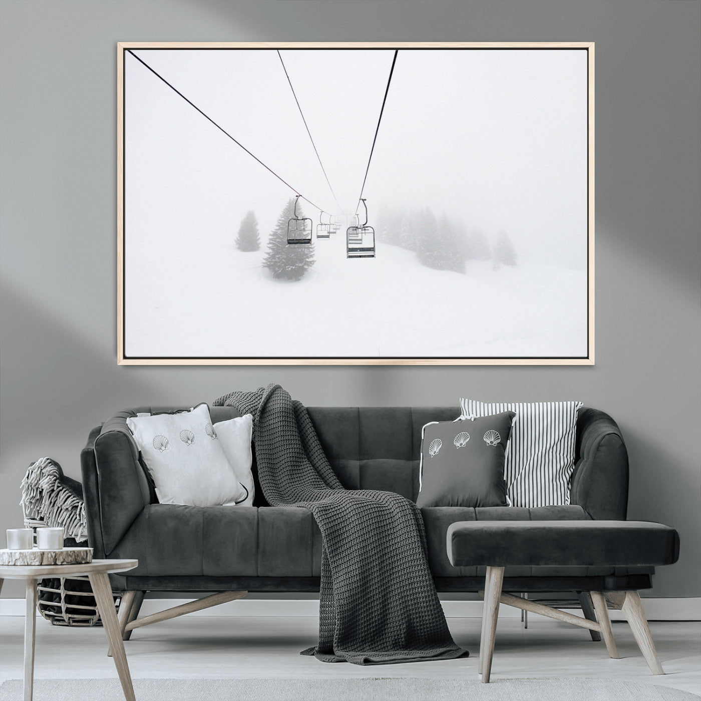20216390-MGV-CV-36X24-Ski Lift Wall Art Canvas Print, Framed Snowy Landscape Art Picture Print, Alpine Adventure Perfect Nordic Minimalist Decor Artwork