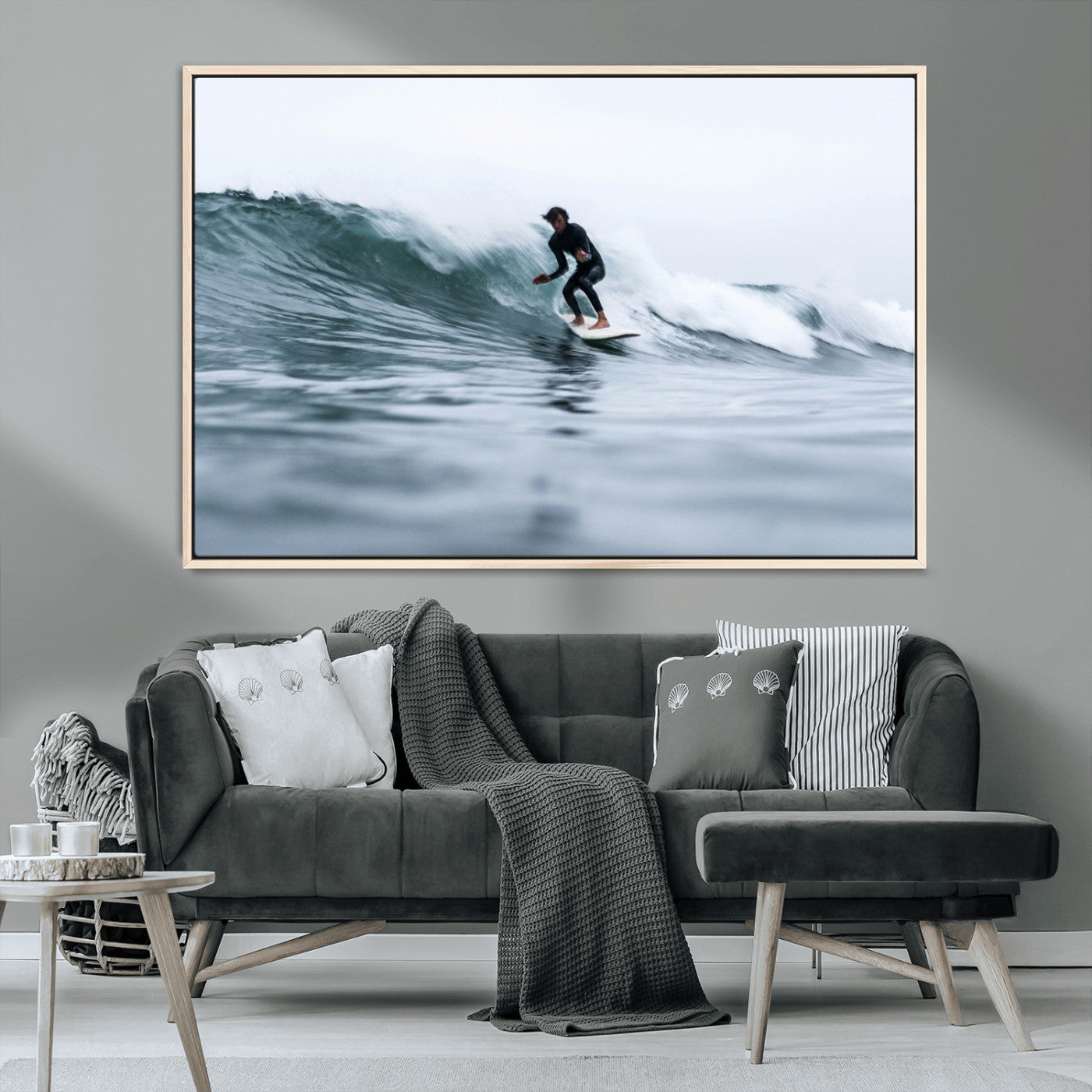 11693607-MGV-CV-36X24-Surfer on Wave Wall Art Canvas Print, Framed Ocean Adventure Art Picture Print, Motion Blur Water Perfect Coastal Adventure Decor