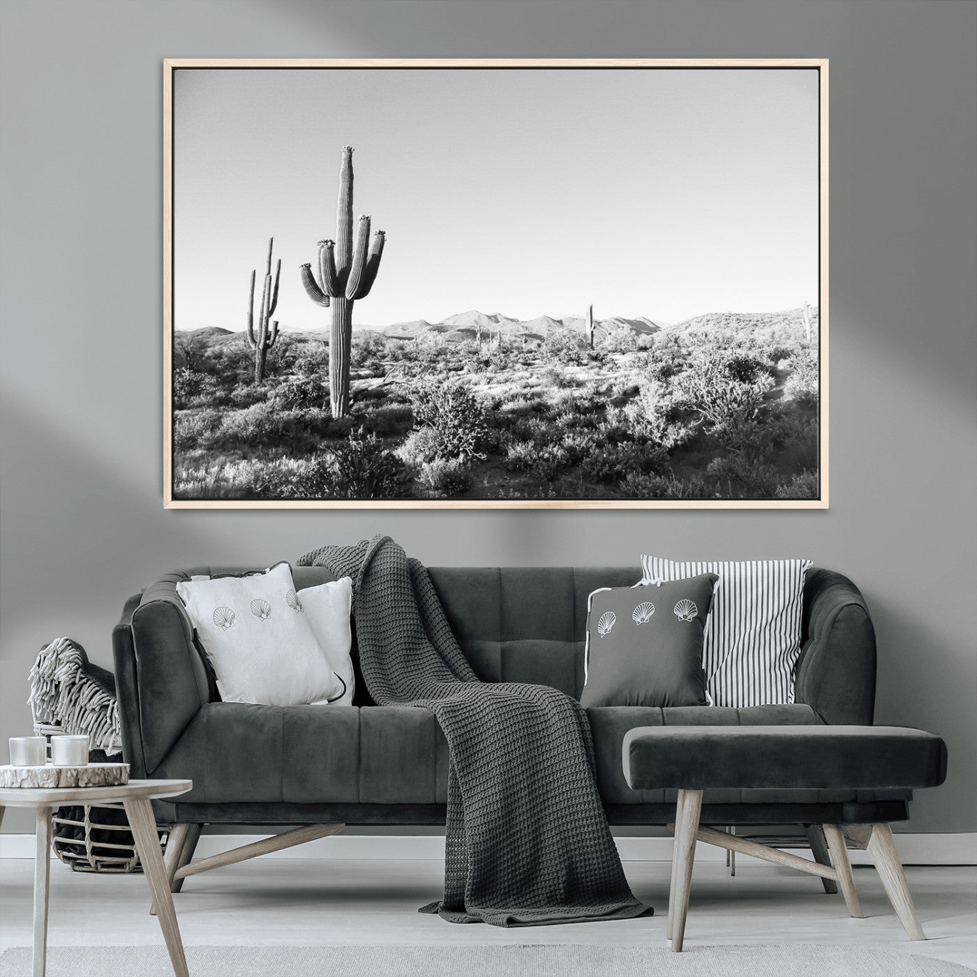 85205054-MGV-CV-36X24-Saguaro Cactus Wall Art Canvas Print, Framed Monochrome Landscape Art Picture Print, Scenic Arizona View Perfect Minimalist