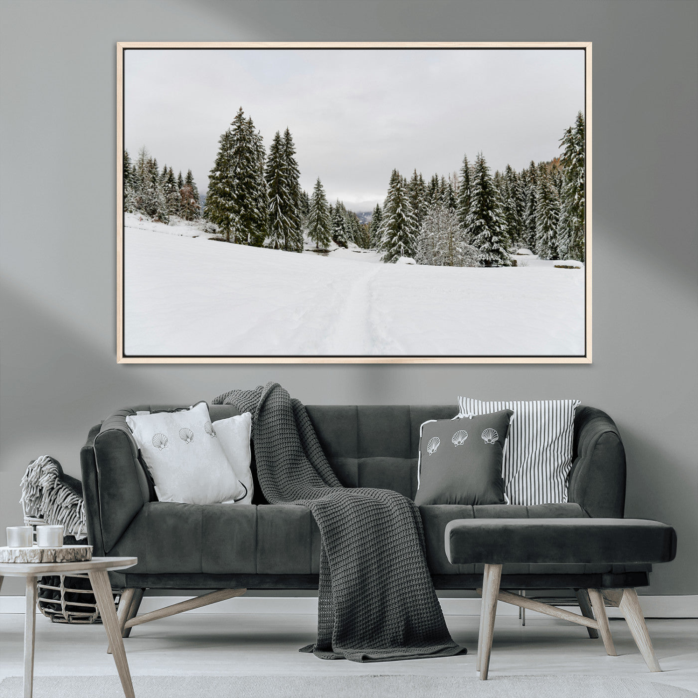 24581417-MGV-CV-36X24-Frosty Pines Wall Art Canvas Print, Framed Silent Snowfall Art Picture Print, Cozy Cabin Vibes Perfect Nordic Minimalist Decor