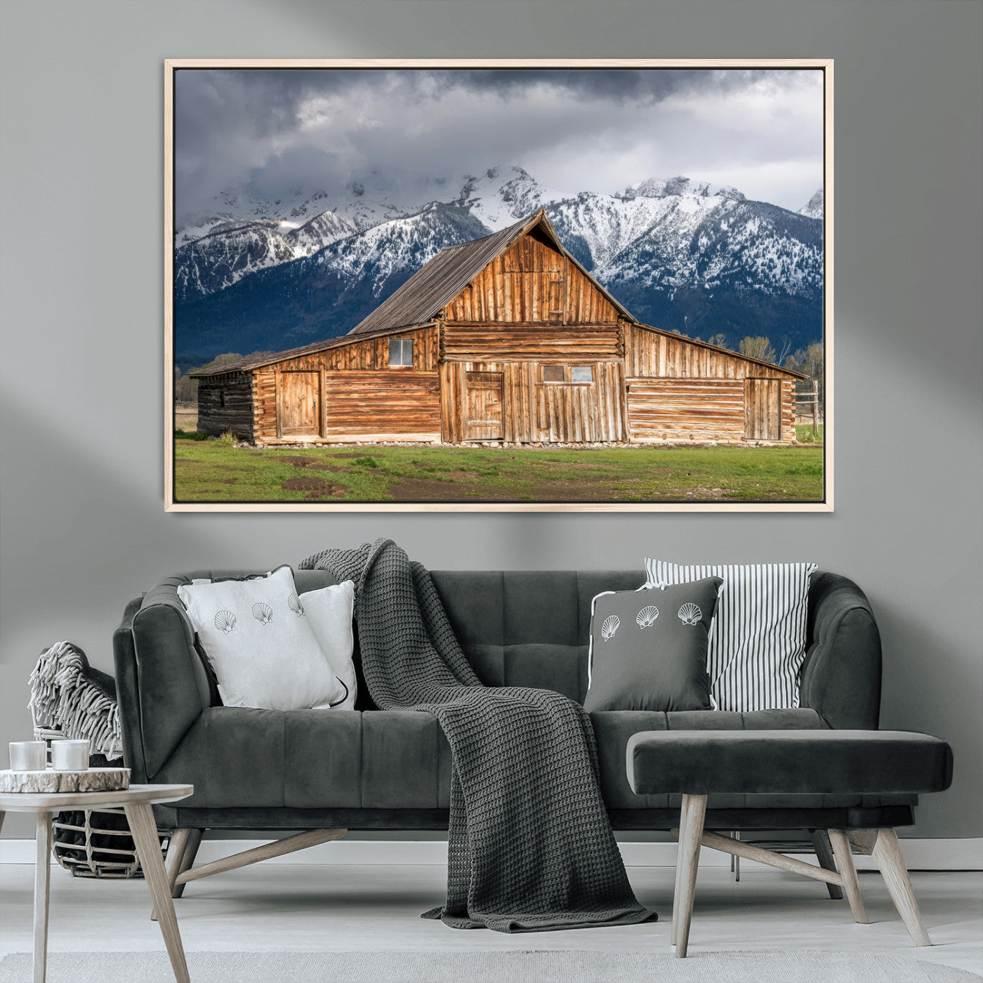 15173627-MGV-CV-36X24-Barn Wall Art – Rustic Wooden Cabin Canvas Print with Snowy Mountain Landscape, Western Farmhouse Country Decor for Living Room,