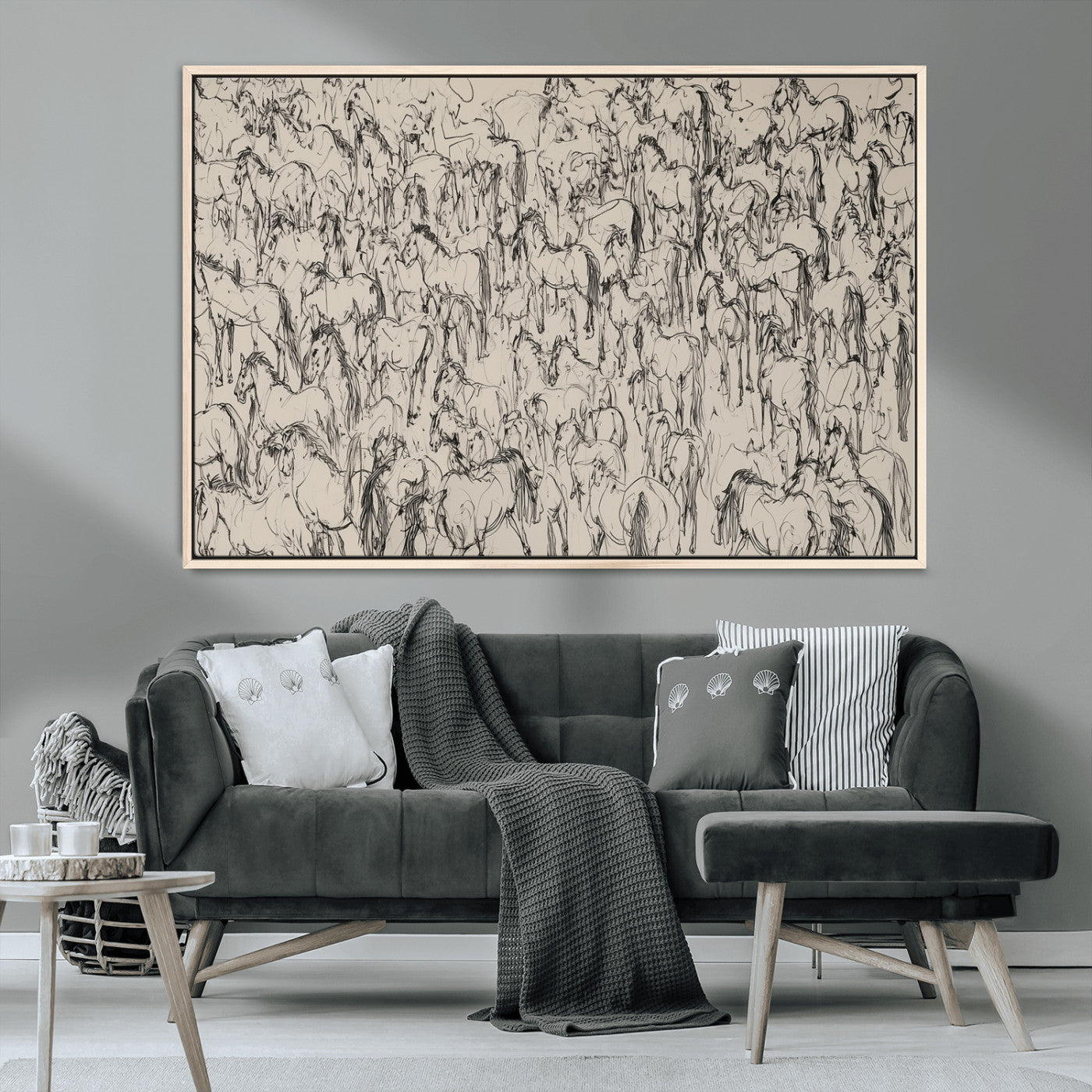 12358908-MGV-CV-36X24-Horse Herd Sketch Wall Art – Abstract Wild Horses Line Drawing Canvas Print, Rustic Western Style Equestrian Decor for Living