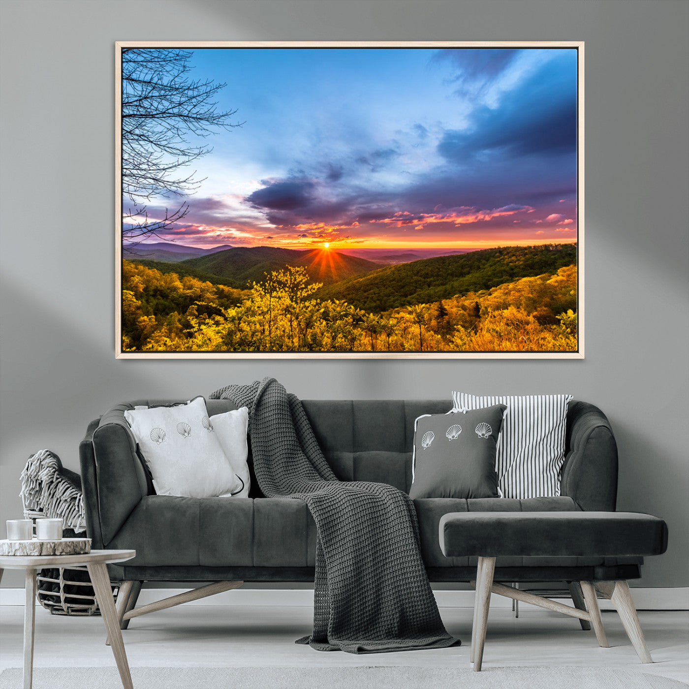 25786346-MGV-CV-36X24-Sunset Over Mountains Wall Art – Nature Landscape Canvas Print, Golden Hour Forest Photography, Scenic Sunrise Artwork for Living