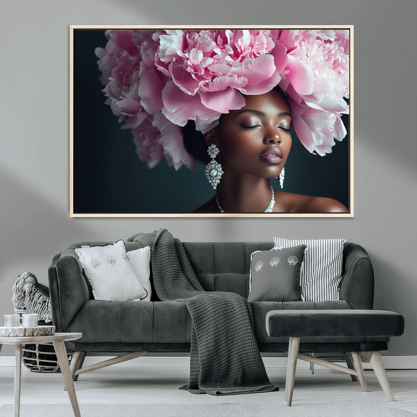 35482880-MGV-CV-36X24-Floral Portrait Wall Art – Elegant Woman with Pink Peony Headpiece Canvas Print, Luxury Fashion Inspired Artwork, Modern Glam