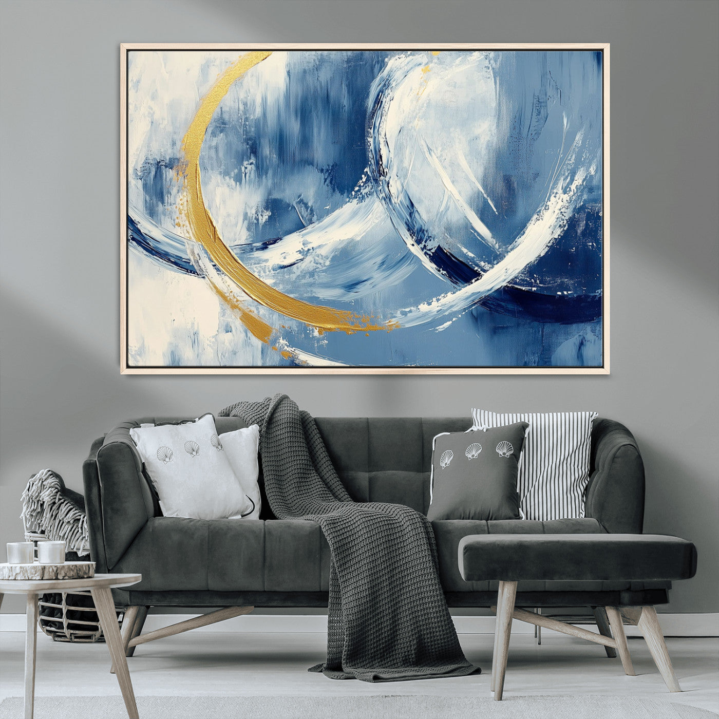 42475677-MGV-CV-36X24-Blue and Gold Abstract Wall Art – Modern Luxury Canvas Print, Navy White Brushstroke Painting, Contemporary Home Office Living