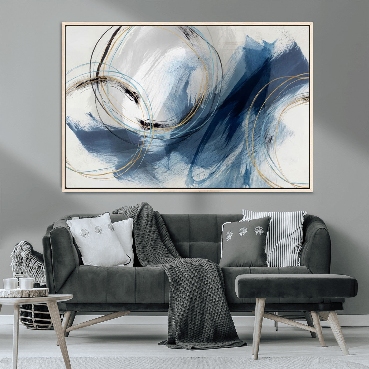 49589477-MGV-CV-36X24-Blue Abstract Wall Art – Modern Circle Canvas Print with Gold and Black Accents, Contemporary Fluid Brushstroke Painting for