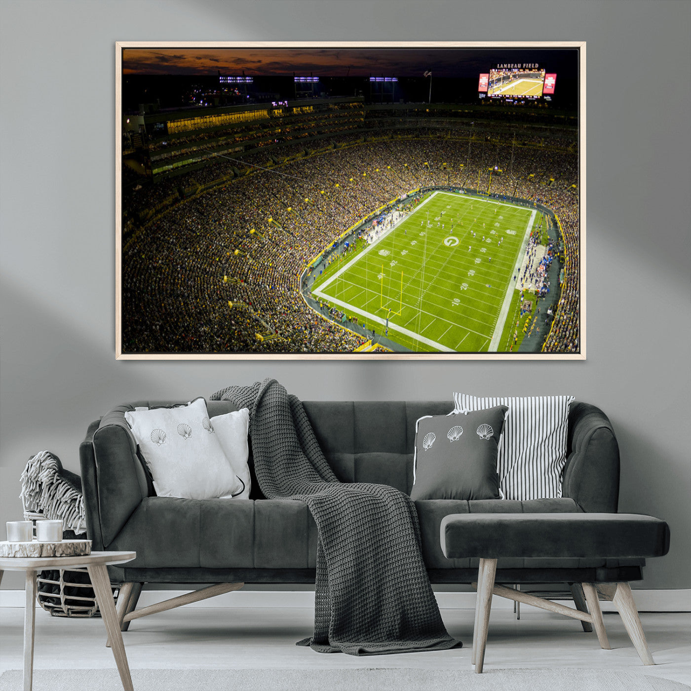 23655234-MGV-CV-36X24-Lambeau Field Stadium Wall Art – American Football Night Game Canvas Print with Packed Crowd and Lights – Sports Decor for Man