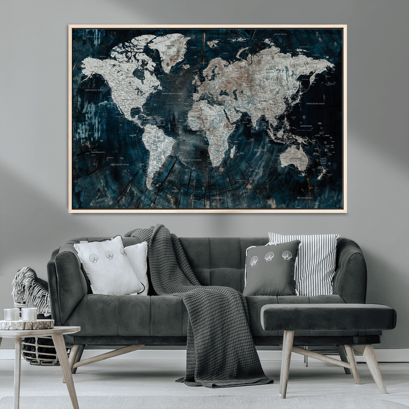 34425609-MGV-CV-36X24-World Map Wall Art – Rustic Navy and Grey Atlas Canvas Print, Distressed Explorer Map Artwork, Industrial Style Decor for Office,