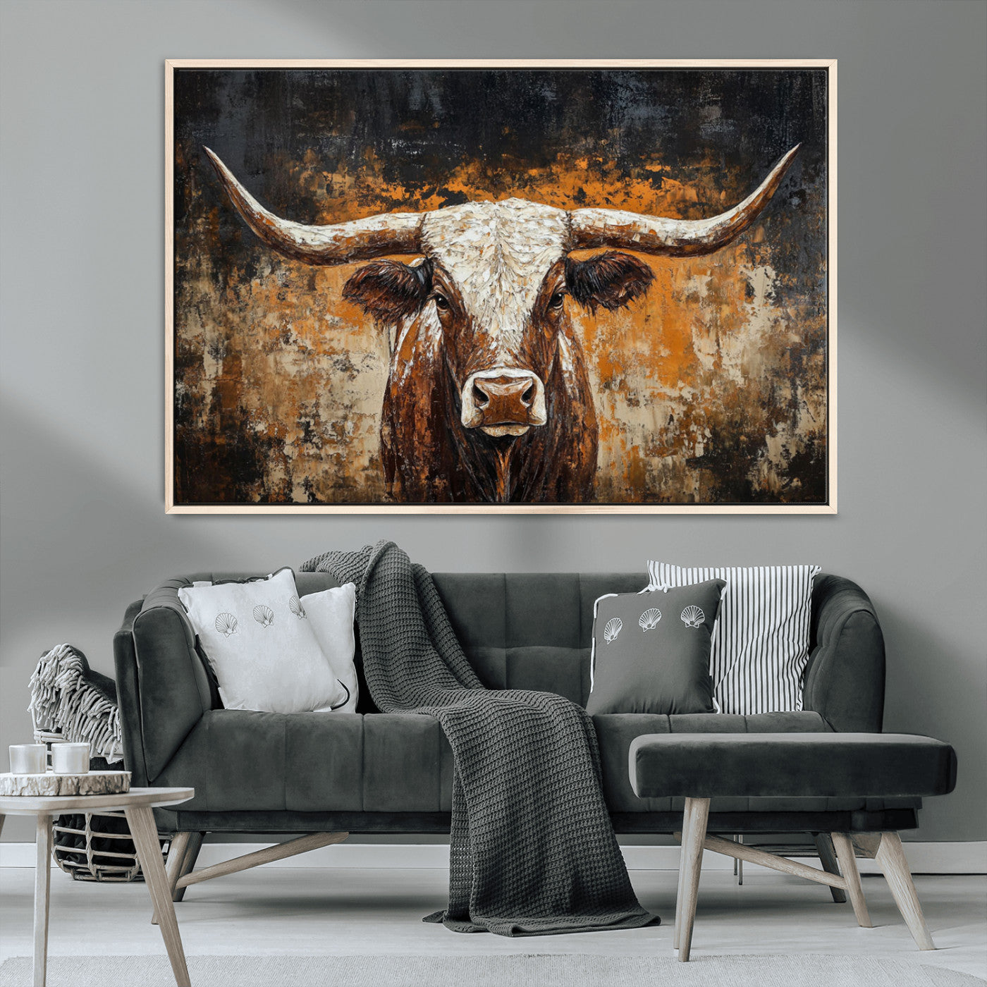 25265572-MGV-CV-36X24-Longhorn Bull Wall Art – Rustic Western Texas Steer Canvas Print, Textured Animal Painting for Home, Office, Man Cave or Farmhouse