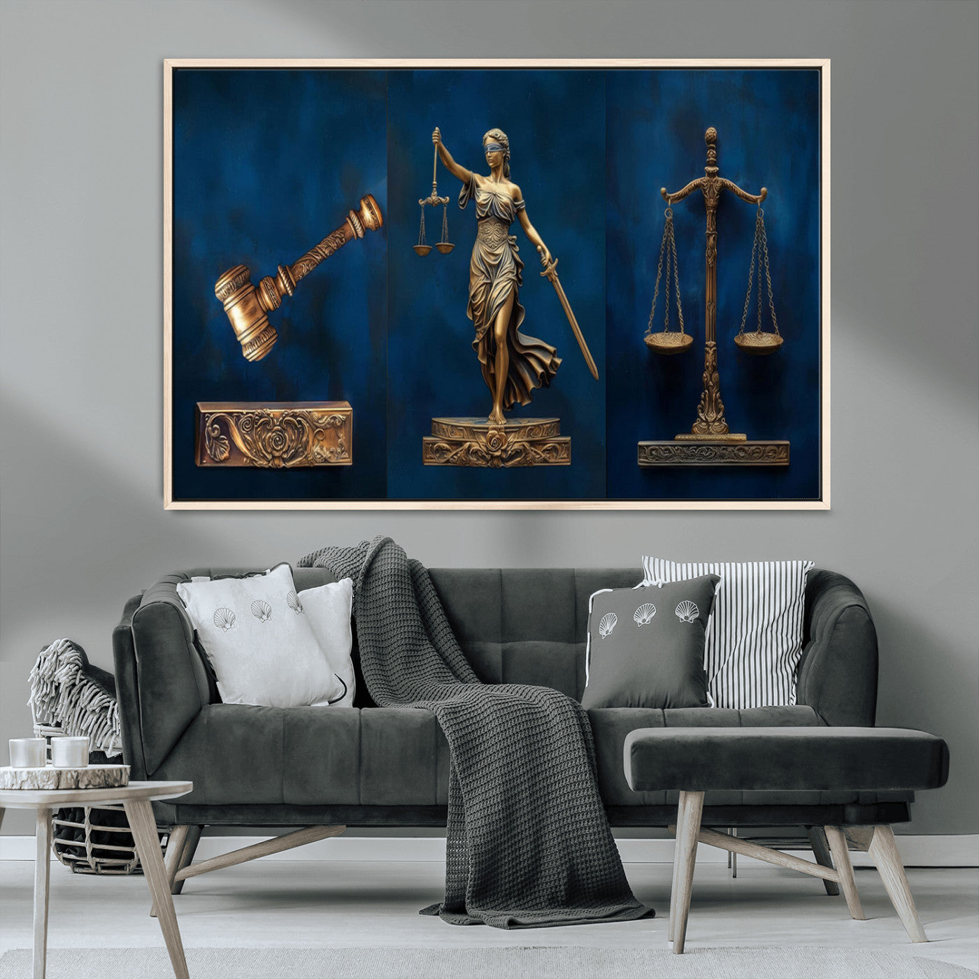 91629053-MGV-FC-36X24_Natural-Lady Justice Wall Art – Golden Gavel and Scales Canvas Print, Elegant Legal Office Decor for Lawyers, Judges, Courtroom or Study