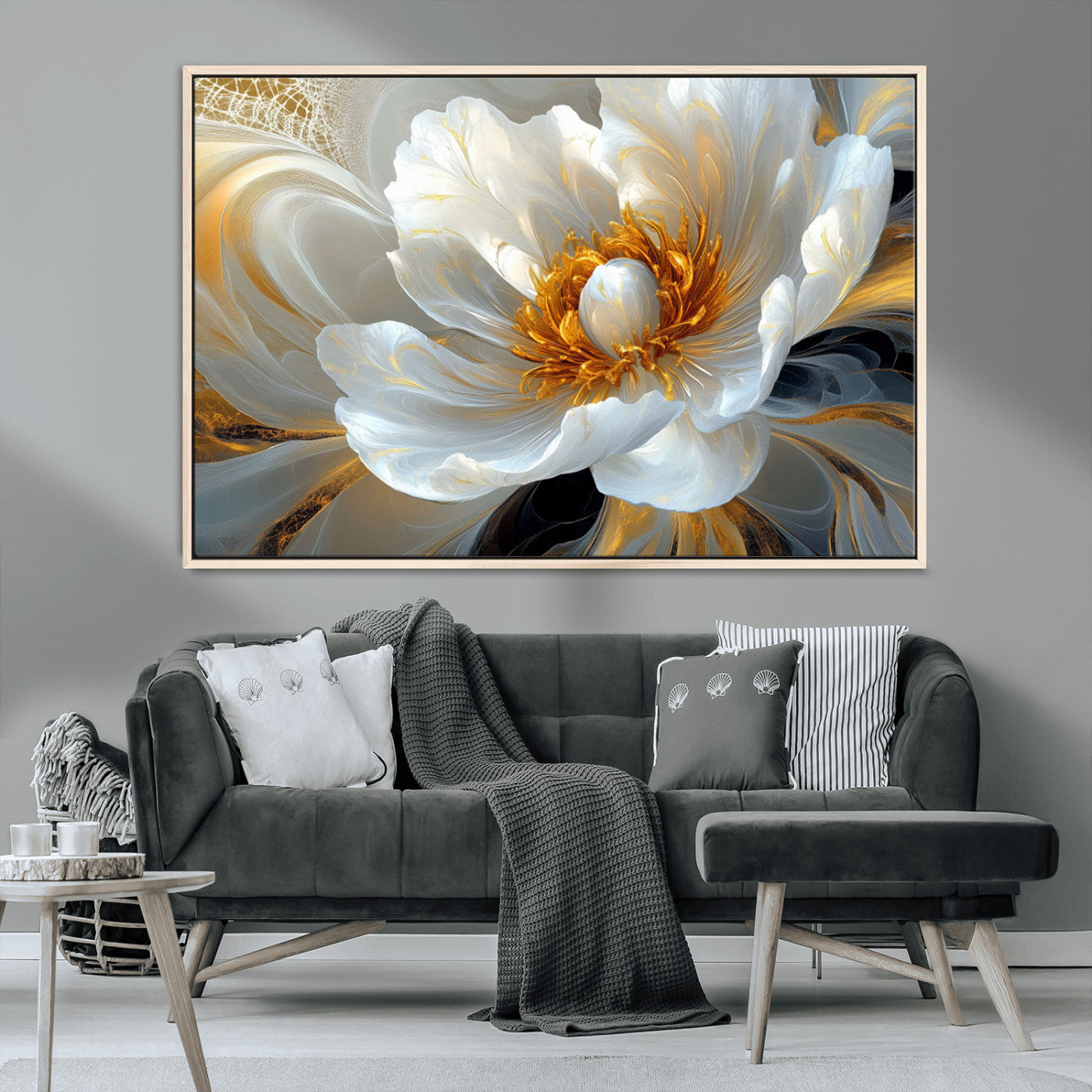 39604126-MGV-CV-36X24-Abstract Flower Wall Art – Elegant White and Gold Bloom Canvas Print, Modern Floral Artwork for Bedroom, Living Room, or Office