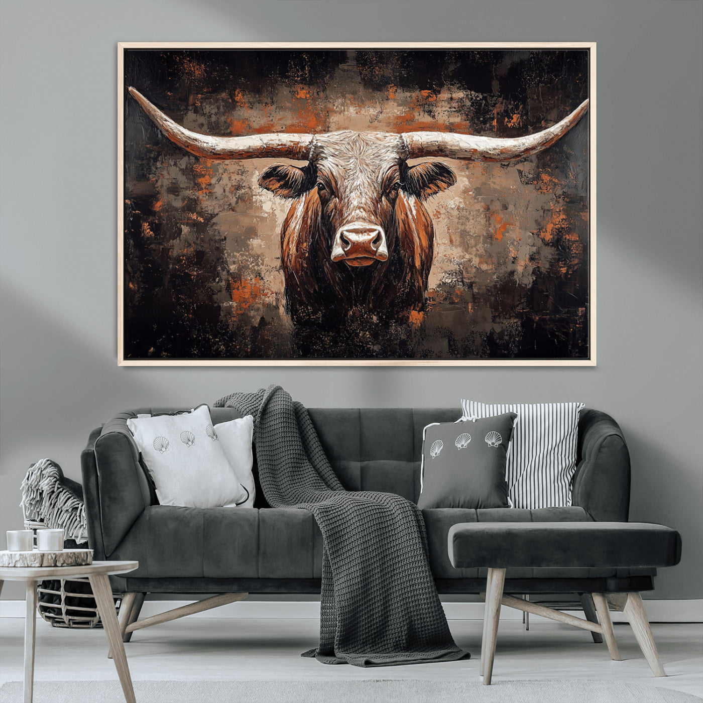 24779067-MGV-CV-36X24-Longhorn Bull Wall Art – Western Rustic Canvas Print, Bold Cowboy Cattle Painting for Ranch House, Farmhouse, Office, or Living