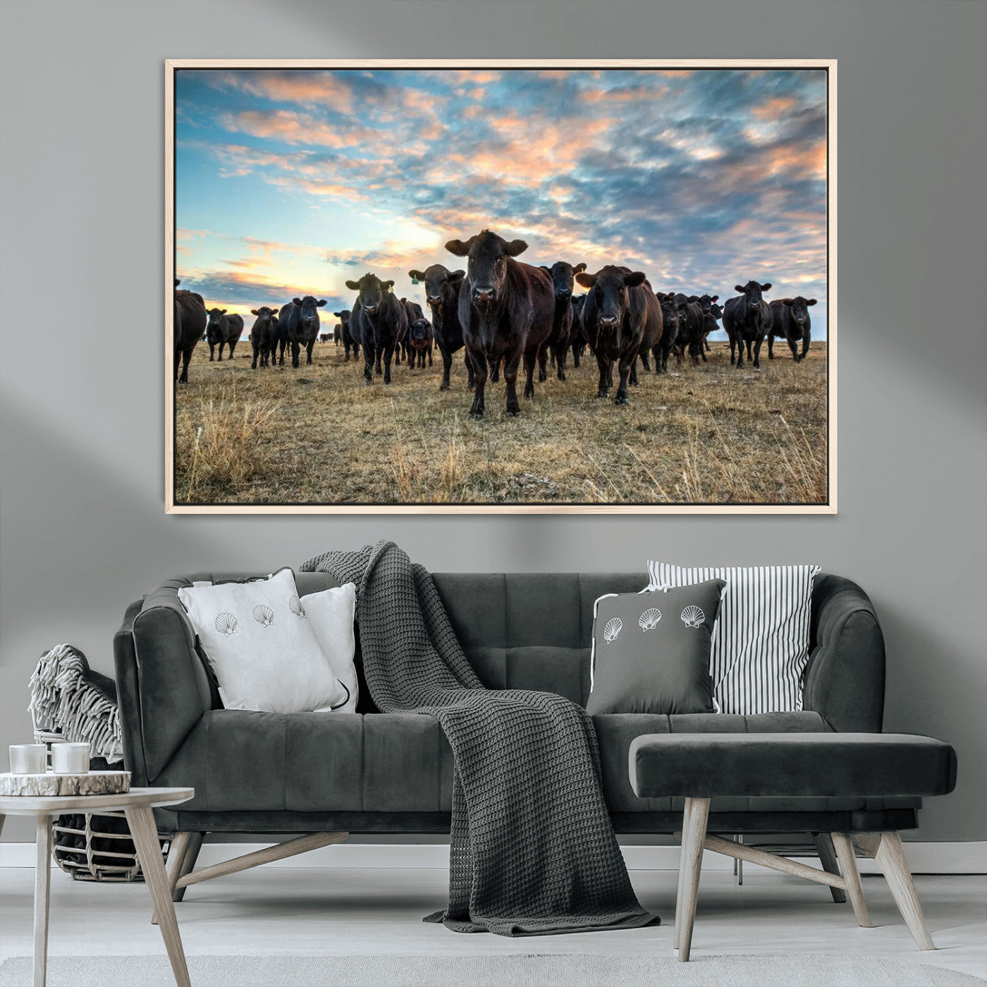 13867292-MGV-CV-36X24-Black Cattle Wall Art – Rustic Ranch Herd Canvas Print, Western Farmhouse Country Landscape Decor for Living Room, Office, or