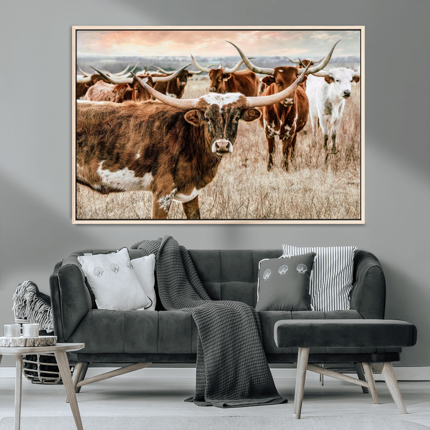 47758300-MGV-CV-36X24-Texas Longhorn Cattle Wall Art – Rustic Western Herd Canvas Print, Cowboy Ranch Farmhouse Decor for Living Room, Office, or