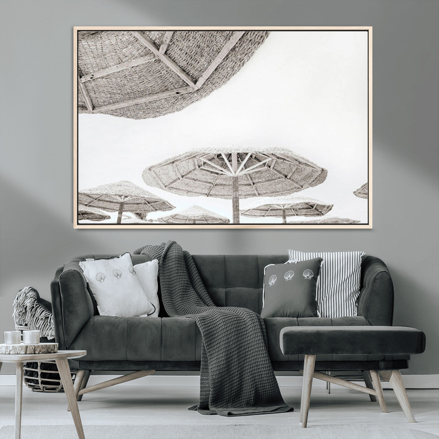 97043123-MGV-CV-36X24-Beach Umbrella Wall Art – Minimalist Coastal Canvas Print, Woven Parasol Summer Decor for Bedroom, Living Room, or Modern Beach