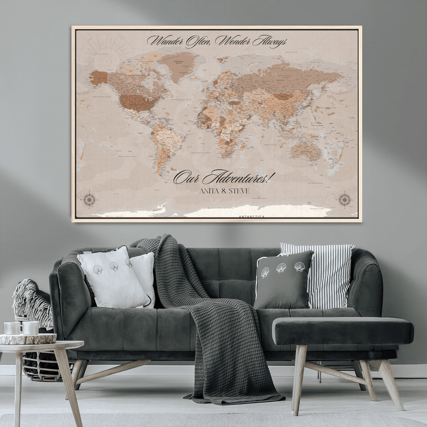 95243244-MGV-CV-36X24-Wander Often Wonder Always World Map Wall Art – Neutral Beige Adventure Canvas Print, Rustic Boho Travel Decor for Bedroom, Living