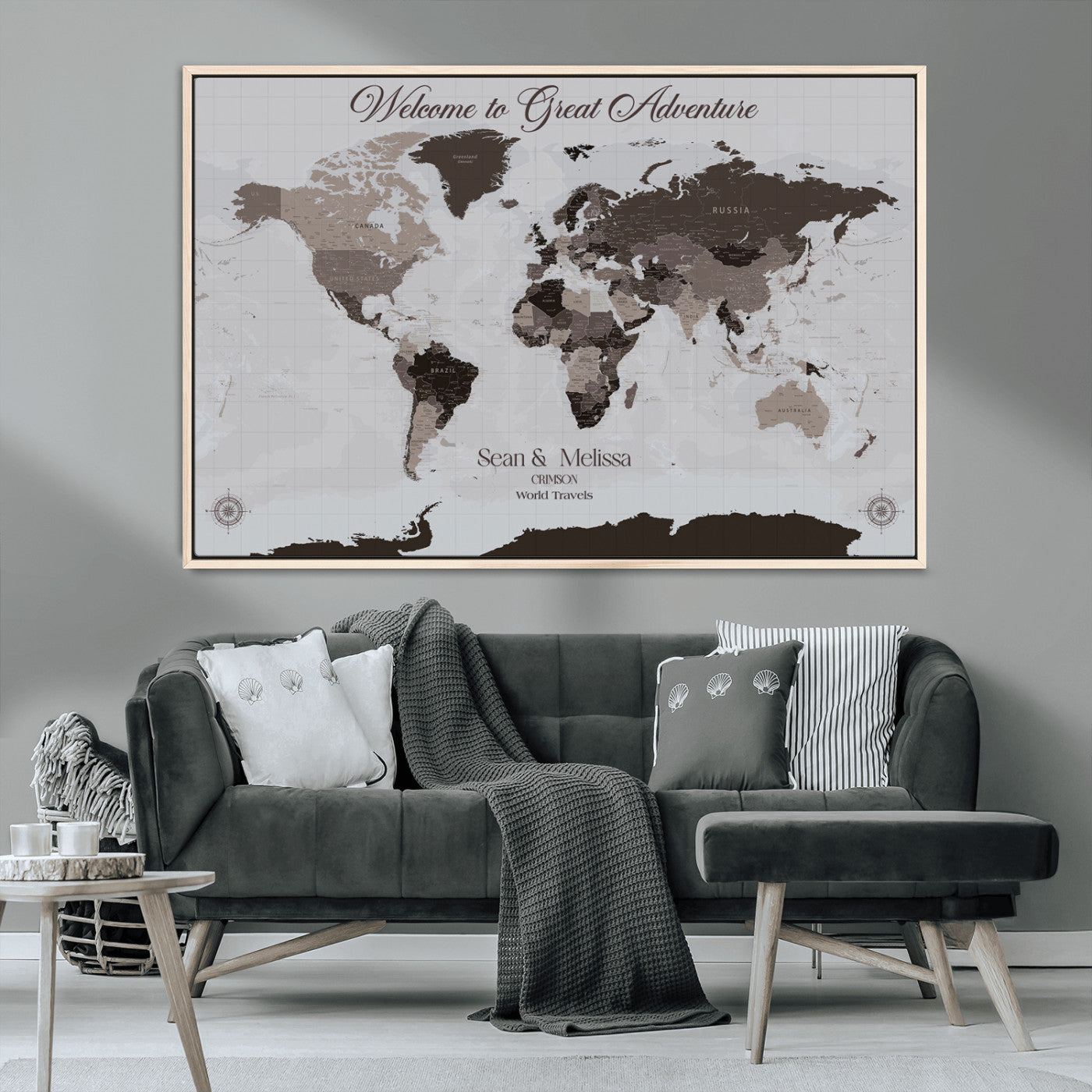 43749658-MGV-CV-36X24-Welcome to Great Adventure World Map Wall Art – Charcoal Gray Canvas Print, Rustic Travel Decor for Living Room, Study, Office or