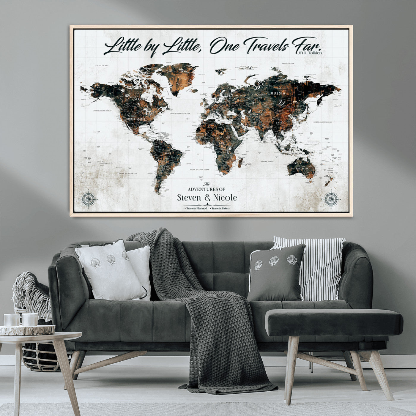 88337180-MGV-CV-36X24-Little by Little One Travels Far Tolkien Quote World Map Rustic Black Brown Adventure Wall Art Canvas Print for Home Office Living