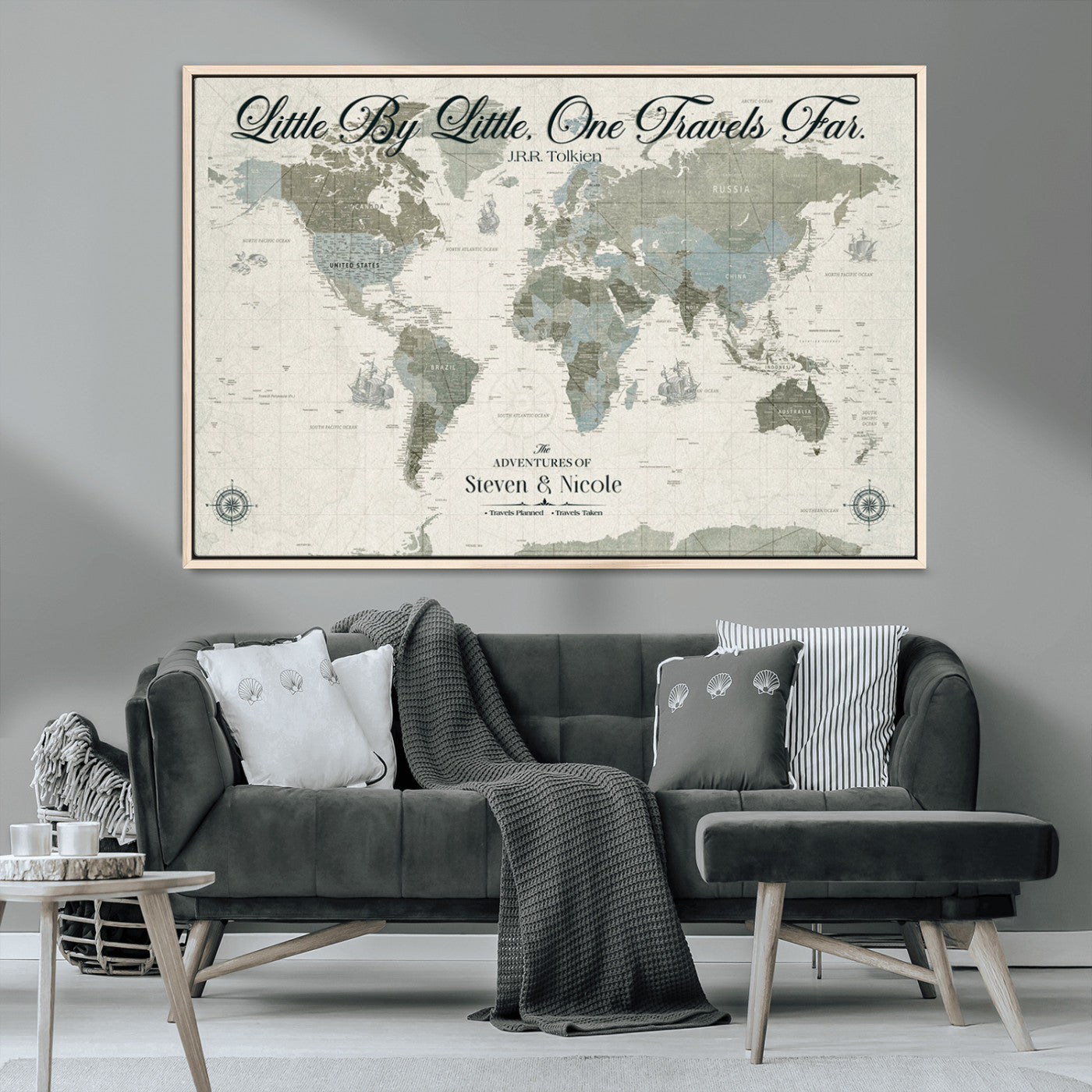 10693204-MGV-CV-36X24-Little By Little One Travels Far Tolkien Quote Blue Green World Map Adventure Wall Art Canvas Print Rustic Wanderlust Travel Decor