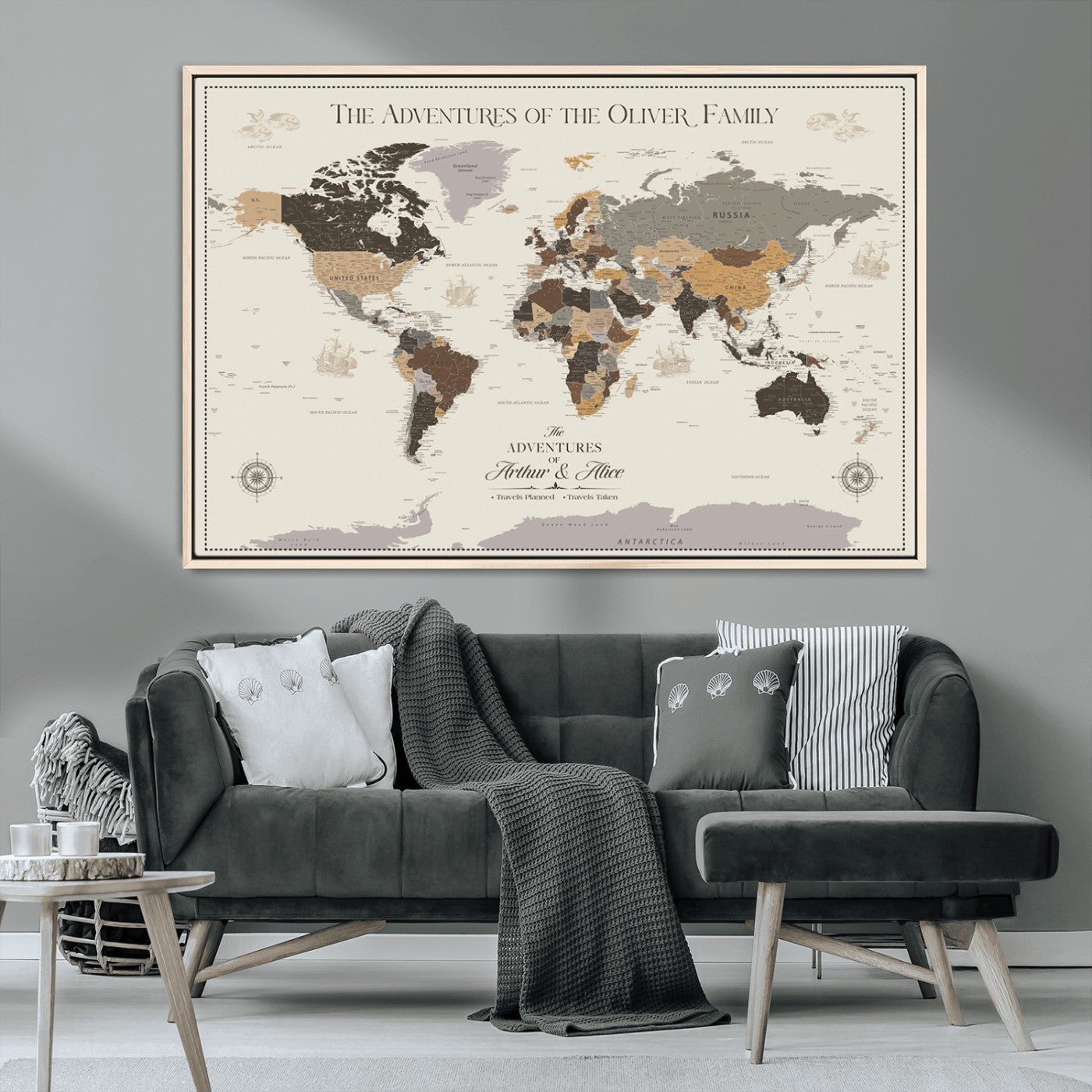 38723540-MGV-CV-36X24-Adventures of the Oliver Family Wall Art – Earth Tone World Map Canvas Print, Minimalist Travel Decor for Living Room, Bedroom or